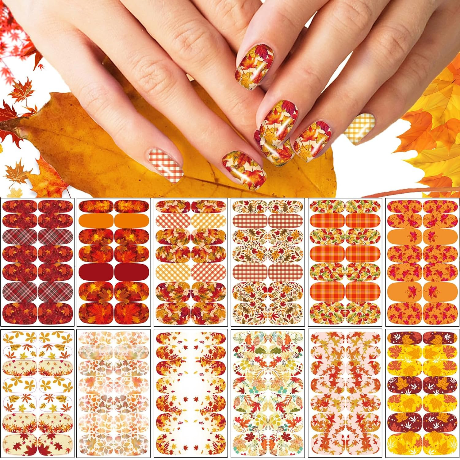 12 Sheets Fall Nail Wraps Stickers DIY Maple Leaf Nail Art + 2 Nail Files