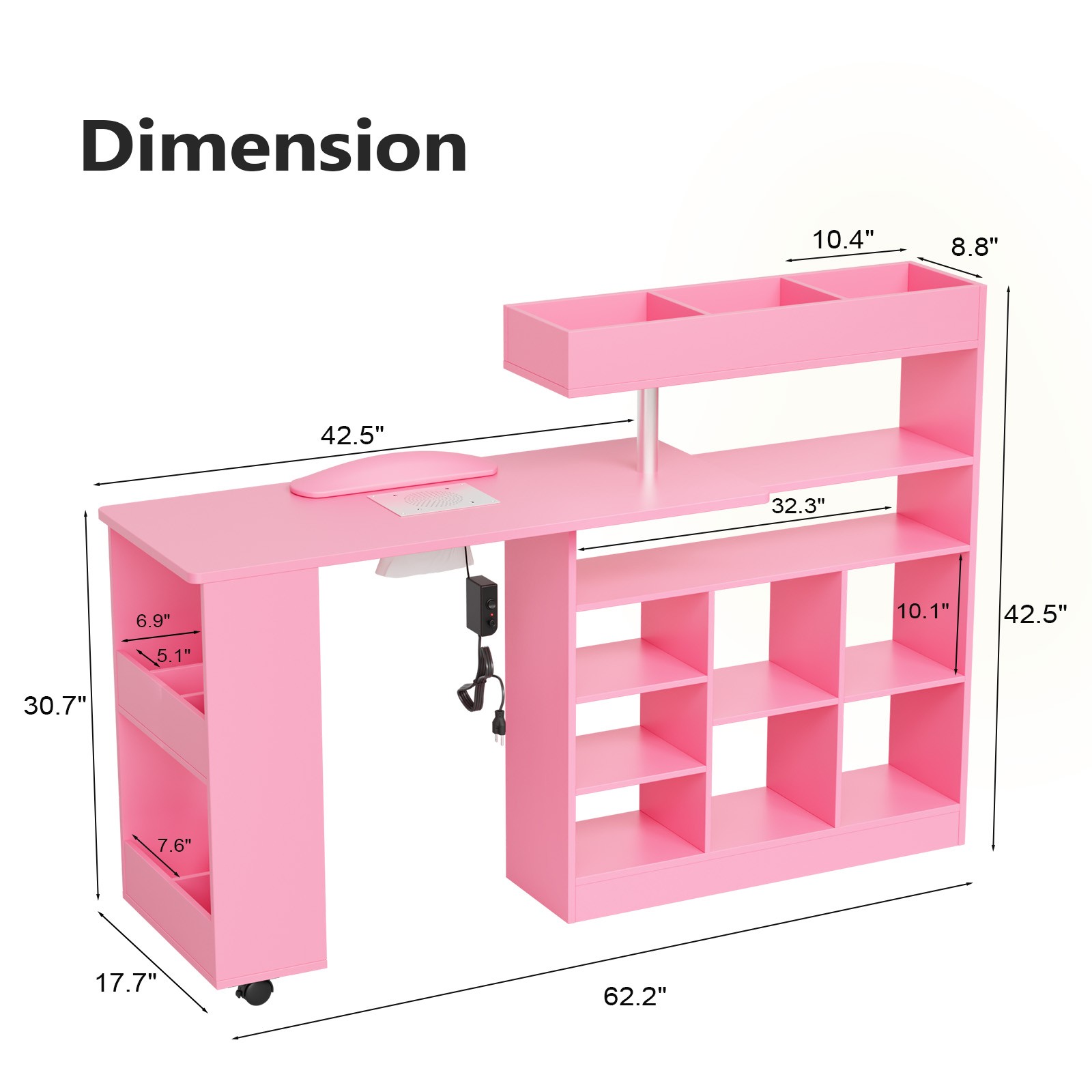 L Shaped Manicure Table with Wrist Rest & 180° Swivel Desktop and Dust Collector