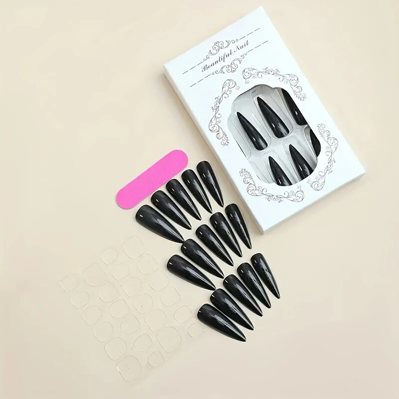 24pcs Black Ultra Long Gothic Style Long Pointed Press On Nails, Halloween