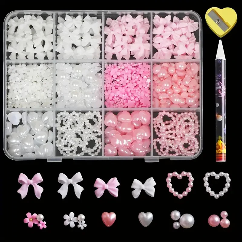 500 PC Pink/White/Red/Black/Blue Bow/Heart/Pearl/Star Finger nail gems