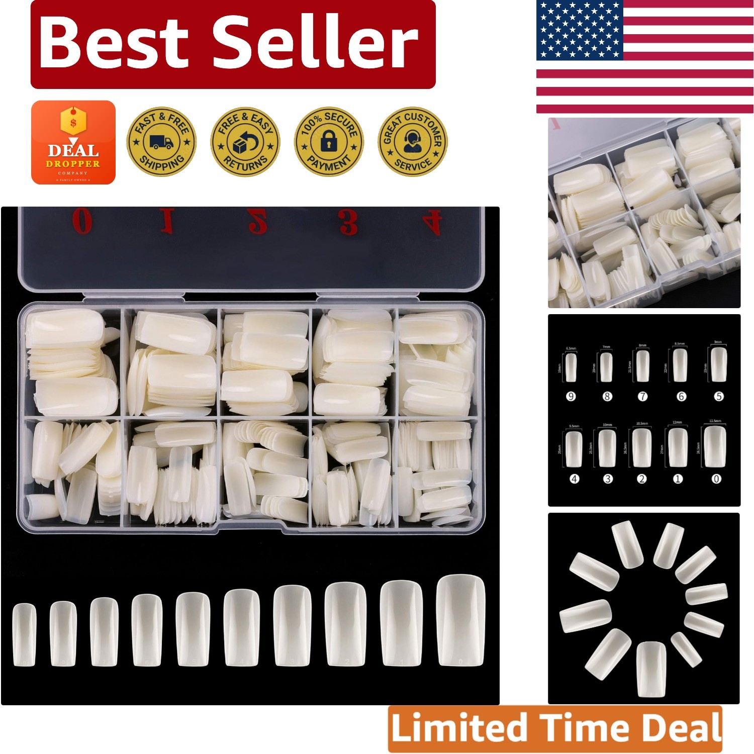 Professional Quality 500PCS Full Cover Nail Tips, 10 Sizes in Storage Case