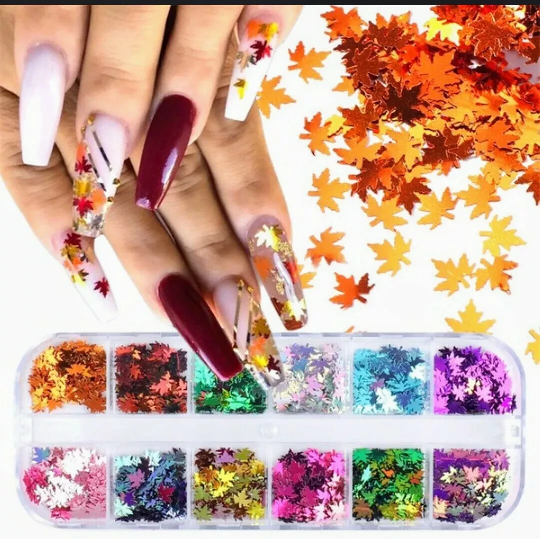 24 Colors Holographic Maple Leaf Nail Art Flakes Fall Leaf Glitter Nail Sequins