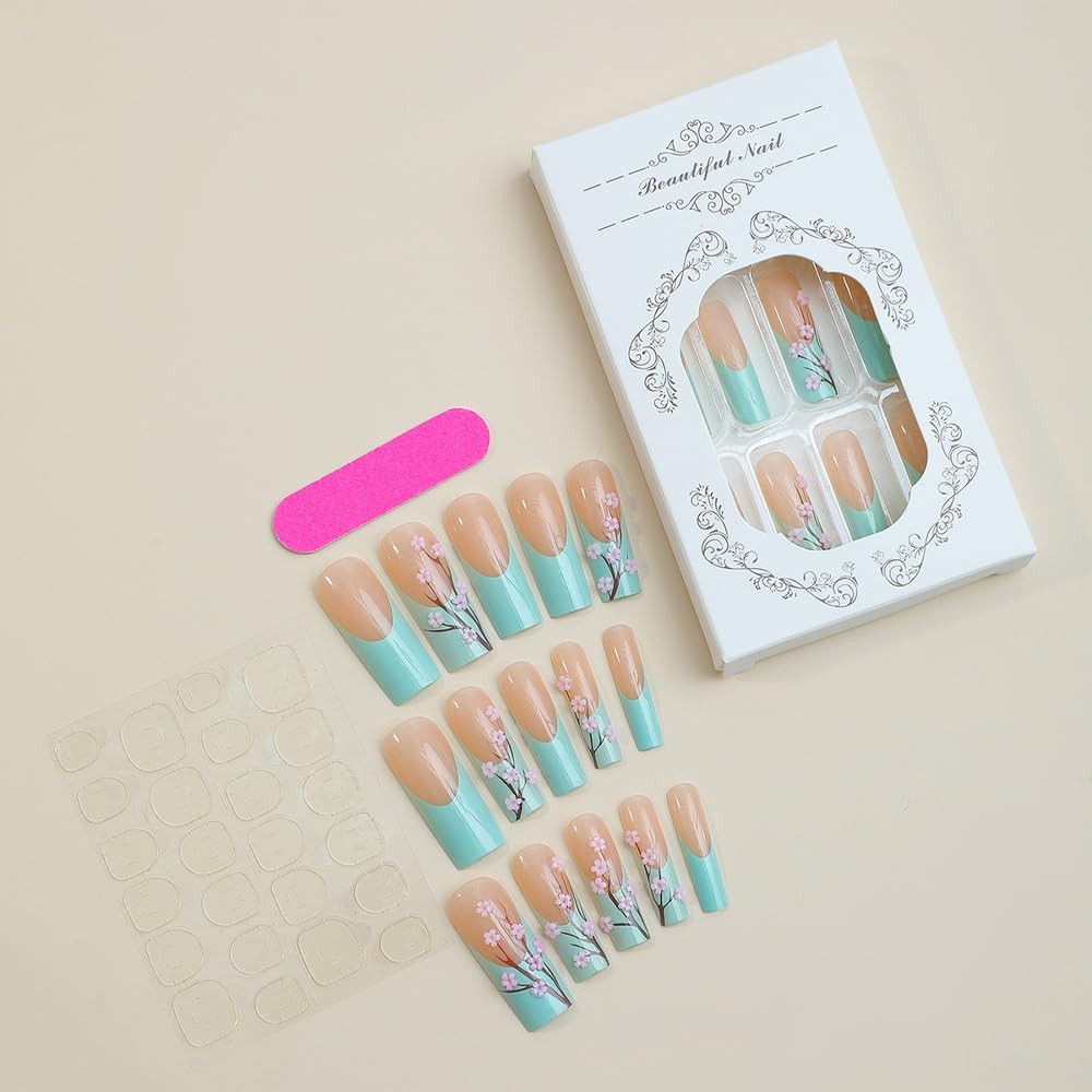 French Tip Press on Nails Blue Square Long Fake Nails
