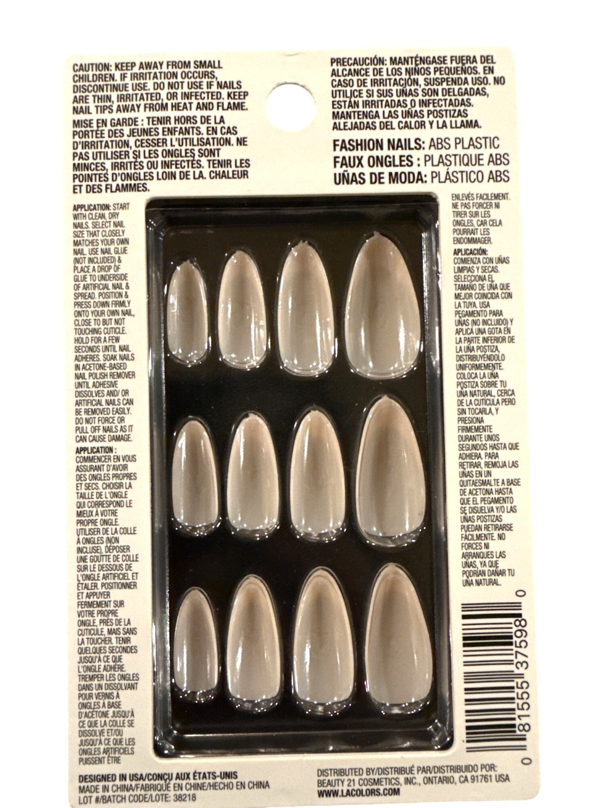 12pc Long Almond Chrome Nails #C37598 Opal Waters L.A. Colors Shiny French Tips