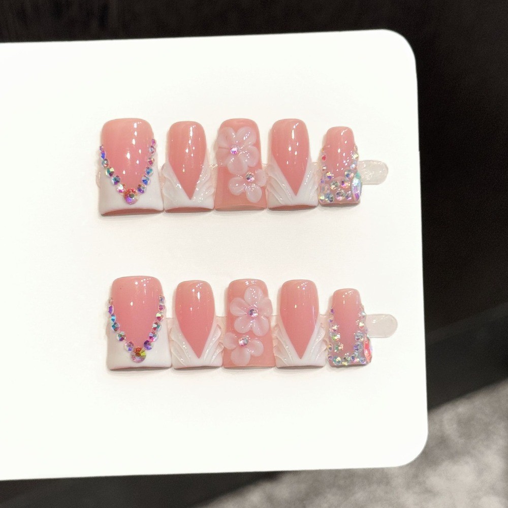 10pcs Pink Flower Press on Nails AB Rhinestone Duckbill Fake Nail Tips