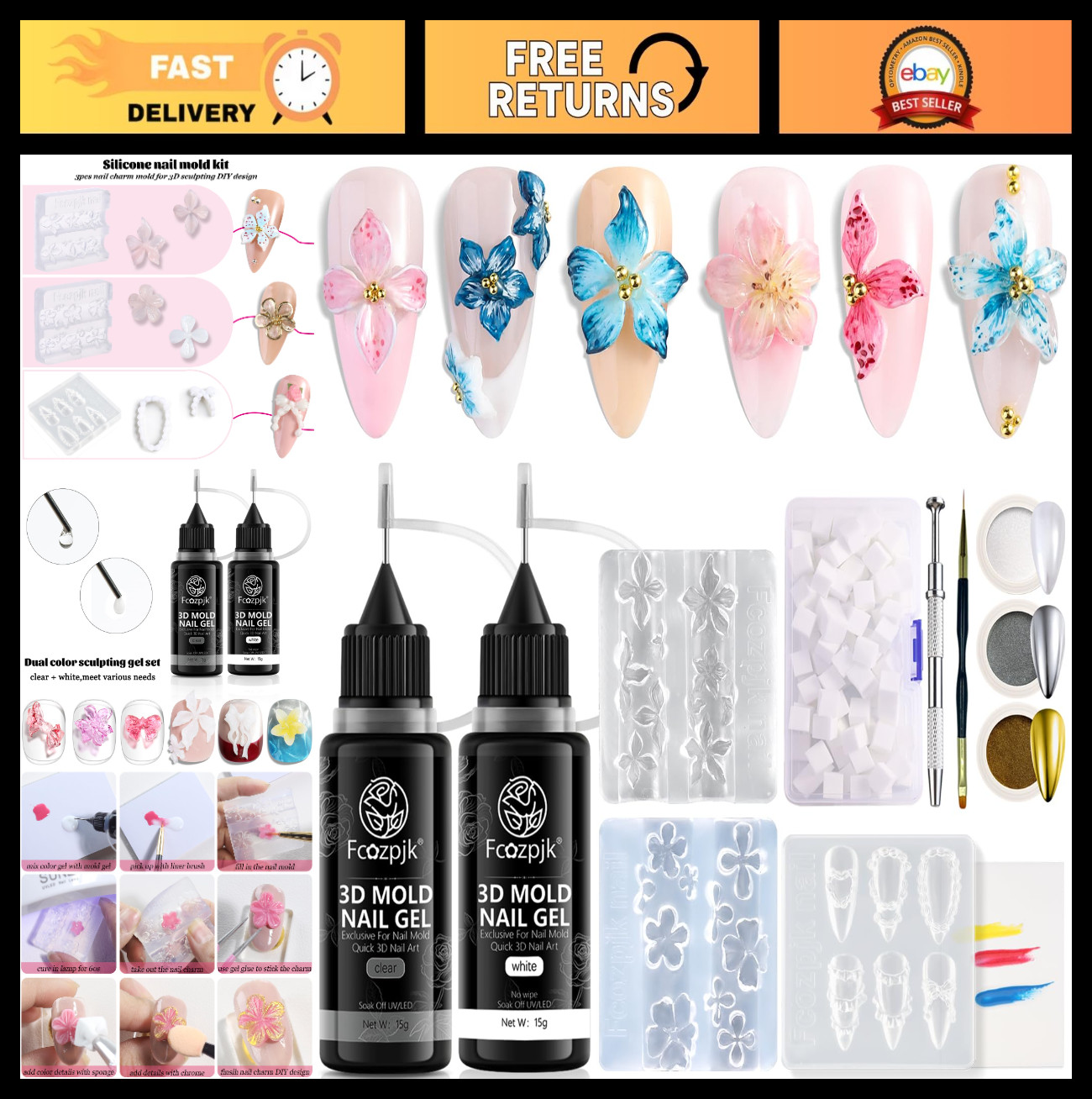 3D Gel Nail Art Starter Kit – 15ML Clear & White Sculpting Gel, Silicone Flower