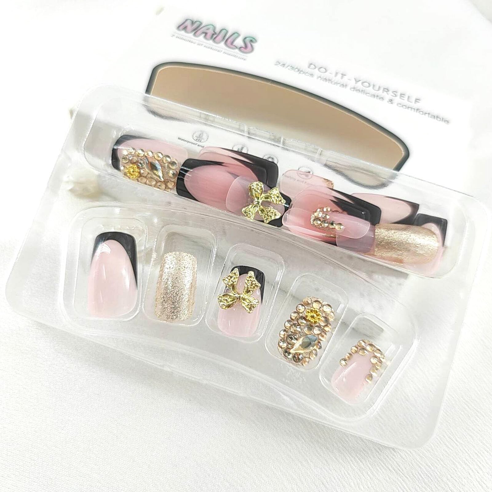 French Tip Press on Nails Mesium Suqare Fake Nails with 3D Bow Glitter Rhines…