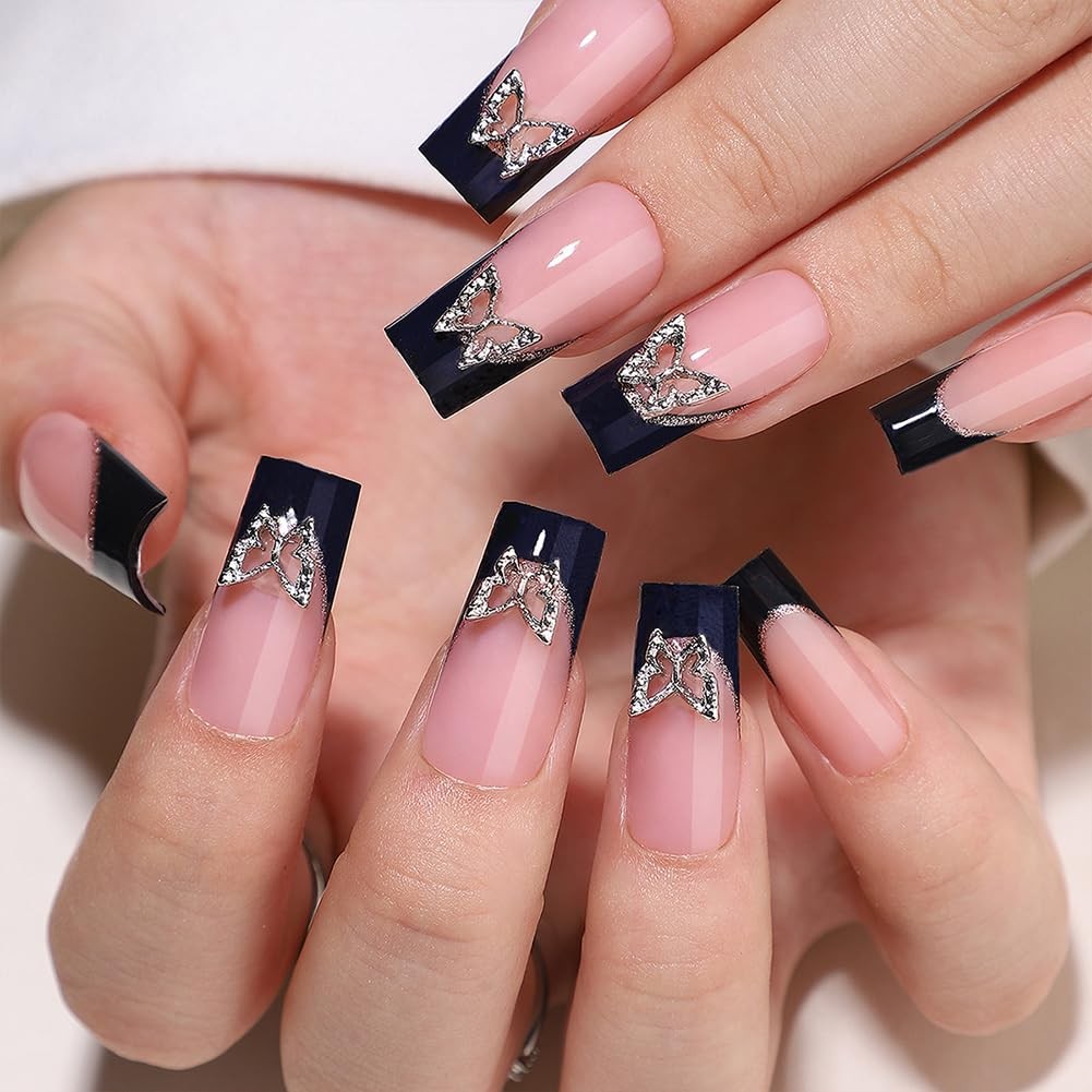 Black French Tip Press On Nails – Long Press On Nails Square Fake Nails with …
