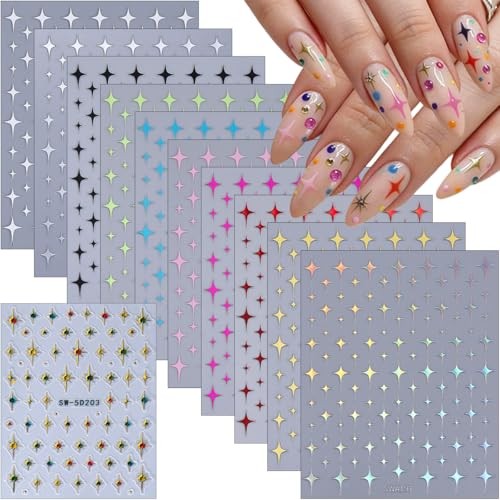 11 Sheets Star Nail Stickers Set, Include 5D Embossed Gold Star Nails Style-4