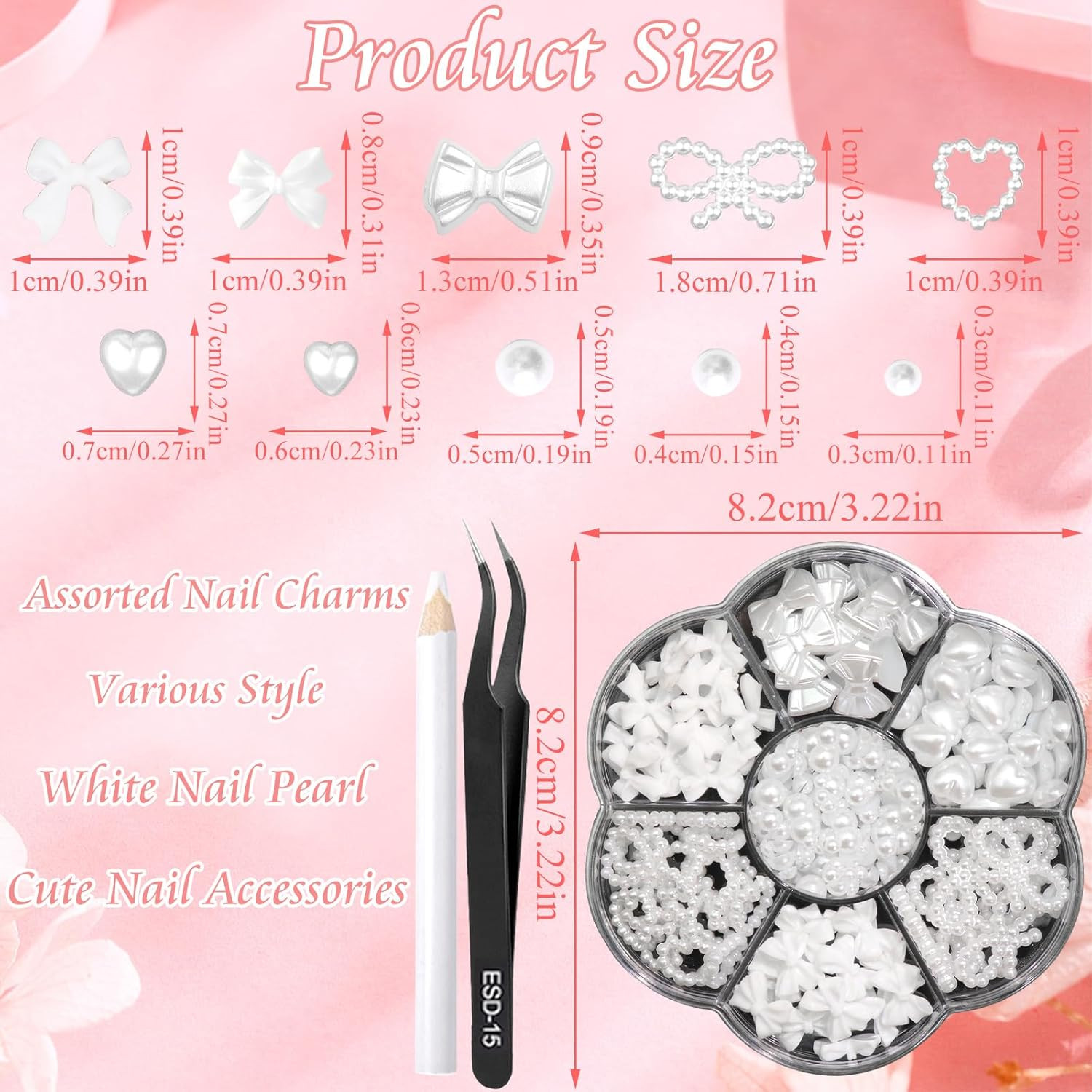 Bow Nail Charms White Heart Charms for Nail 3D Bowknot Nail Art Stud Flatback Na