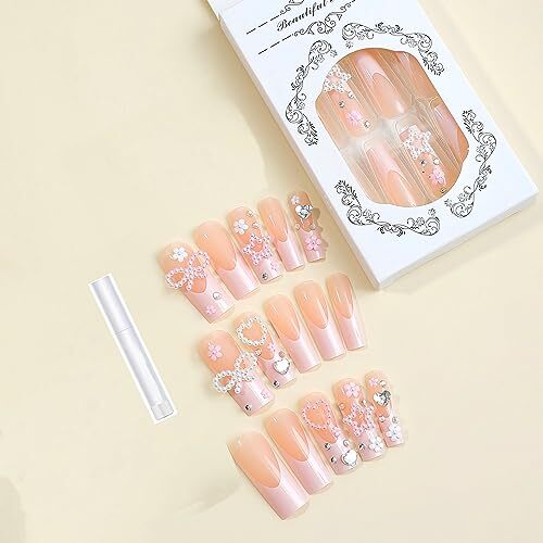 Square Press on Nails Long Fake Nails Pink French Tip Glue on Nails Fne408pink