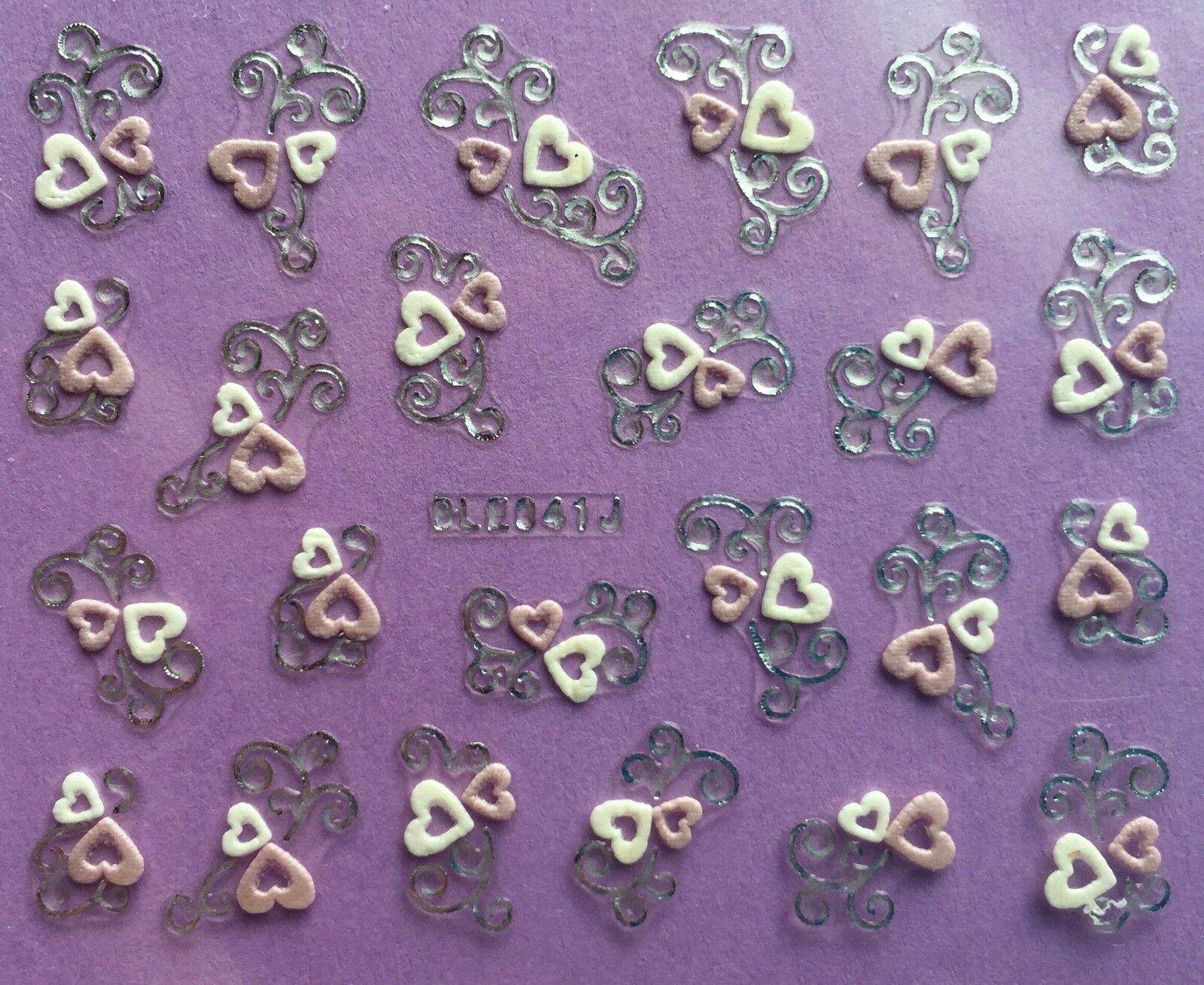 Nail Art 3D Decal Stickers White & Pink Hearts Silver Accents BLE341J