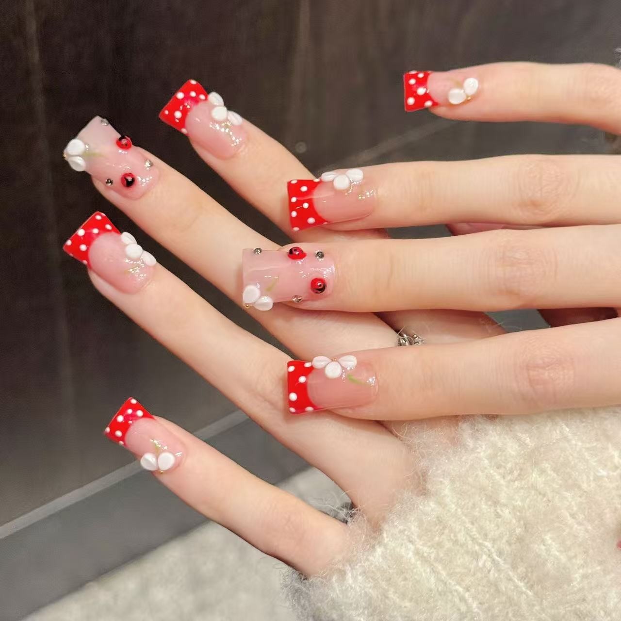 Handmad French Cheery False Nail Medium Flare Press on Nail for Nail Art