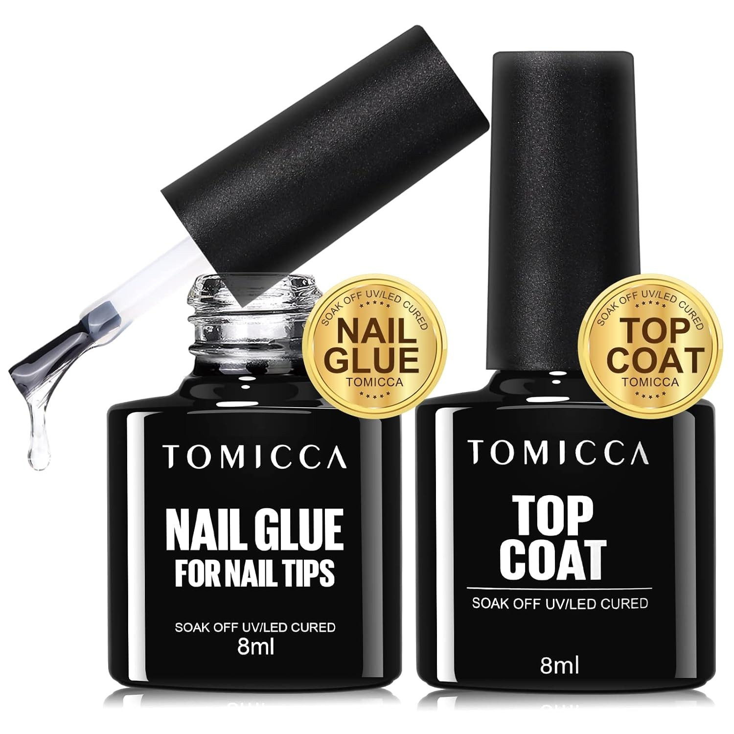 8-in-1 Nail Glue & No Wipe Top Coat Set – Gel Glue for Acrylic & False Nails, Su