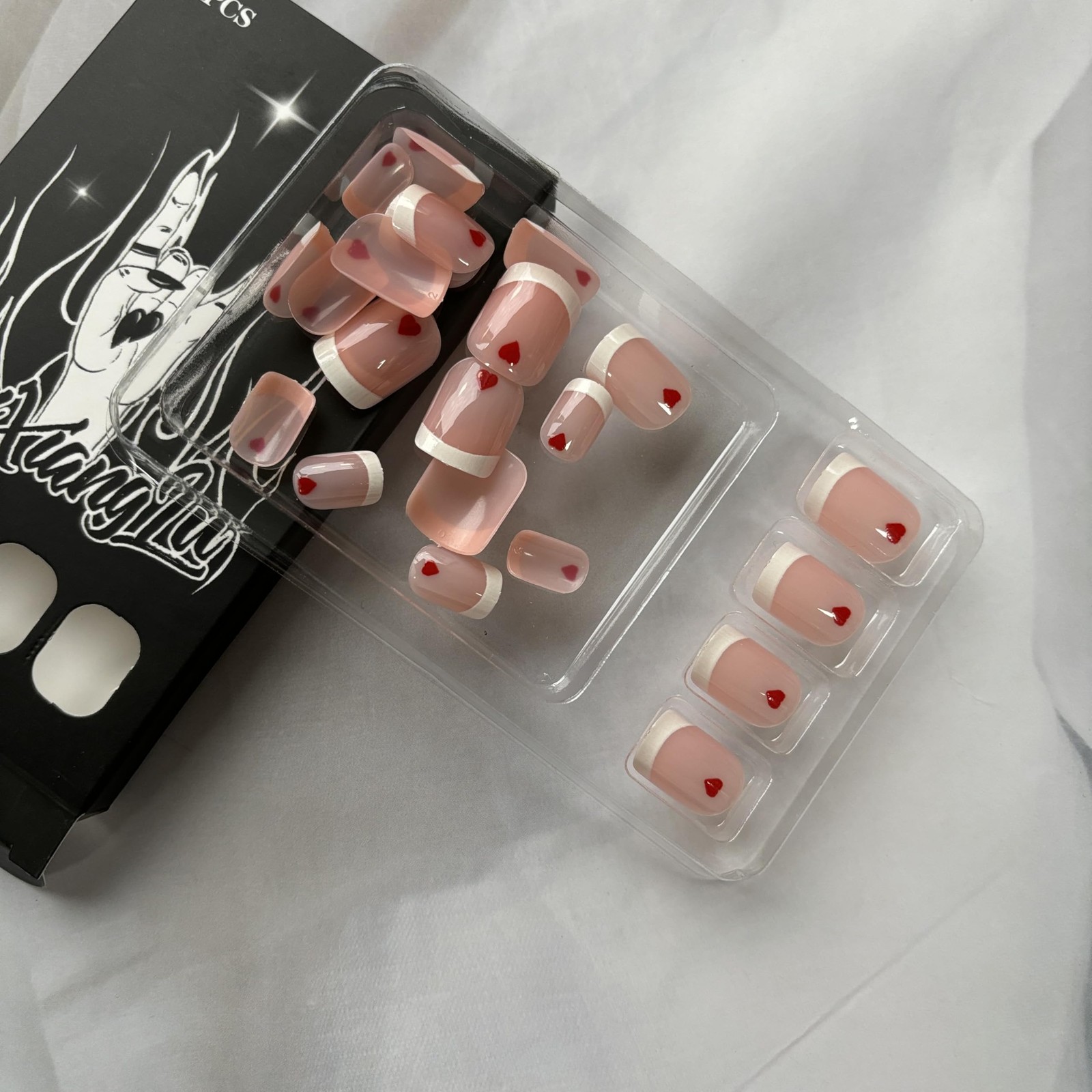Valentines Press on Nails French Tip Fake Nails Square Short False Nails with…