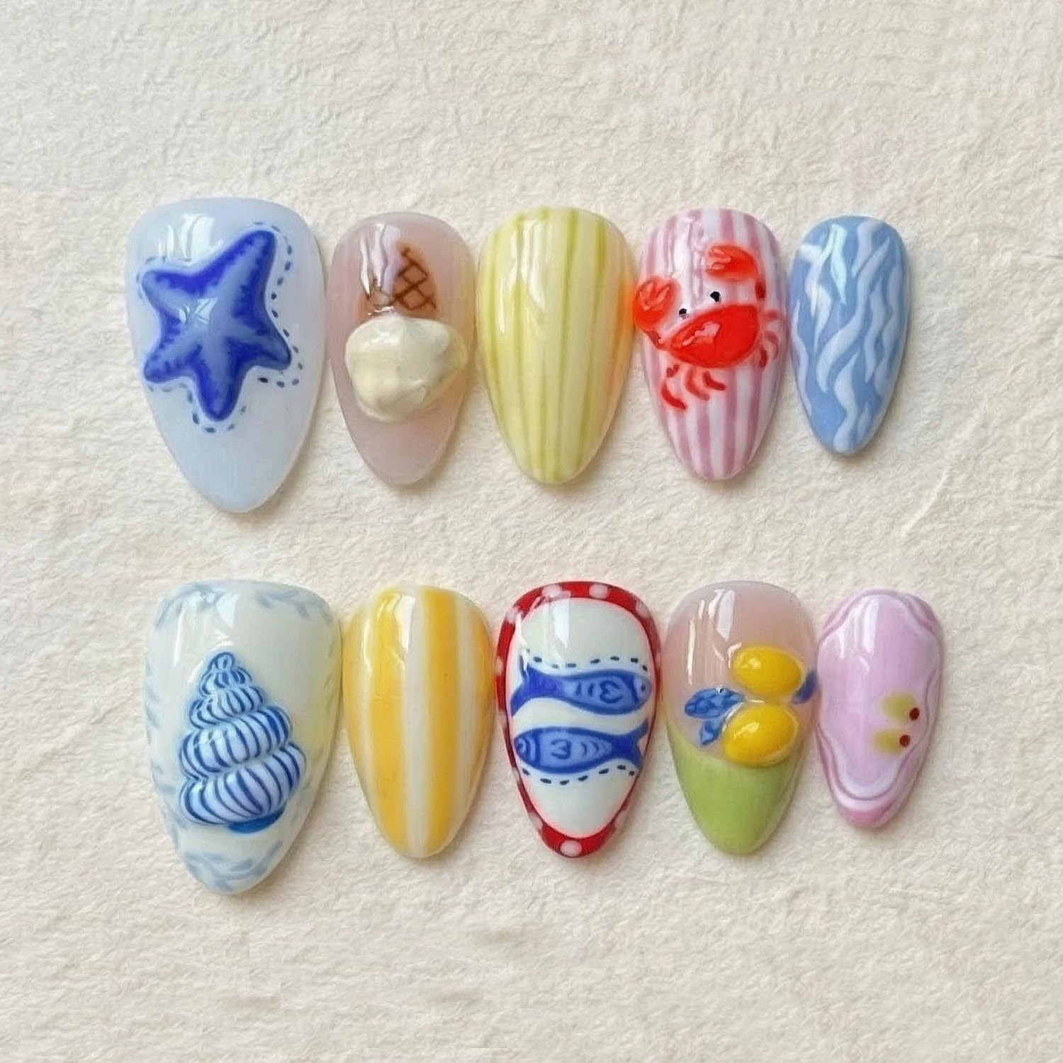 30Pcs Summer Press on Nails Medium Almond Fake Nails with 3D Floral Jellyfish St