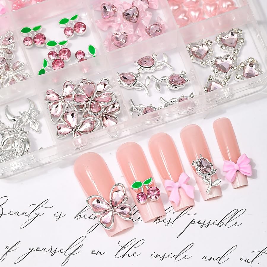 110PCS 3D Pink Cherry Heart Bow Nail Charms and Rhinestone, Junk Case Charms,…