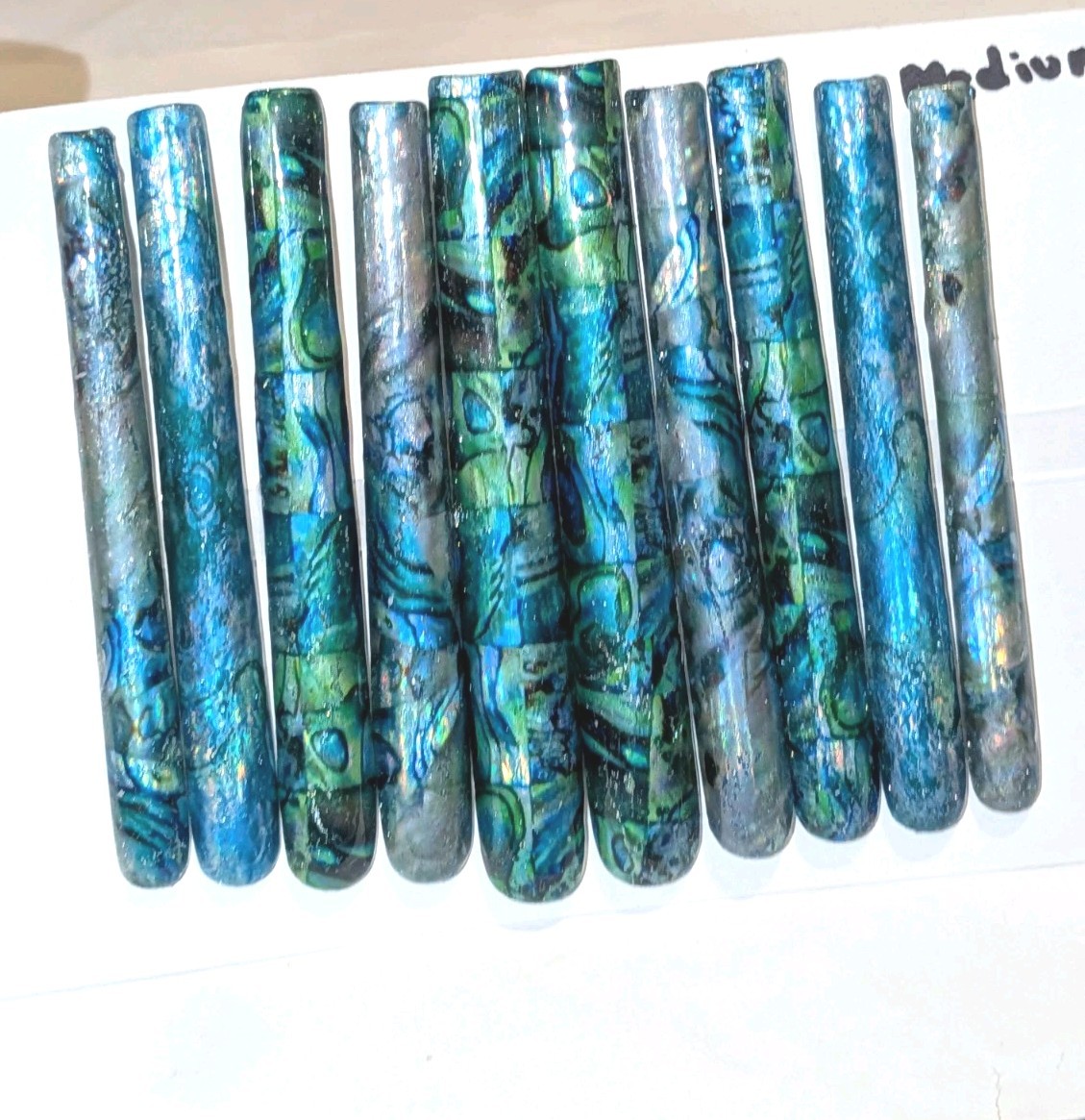 Hand Crafted 6Xl Acrylic Teal and Blue Marble Long Press-On Nails Sz Medium
