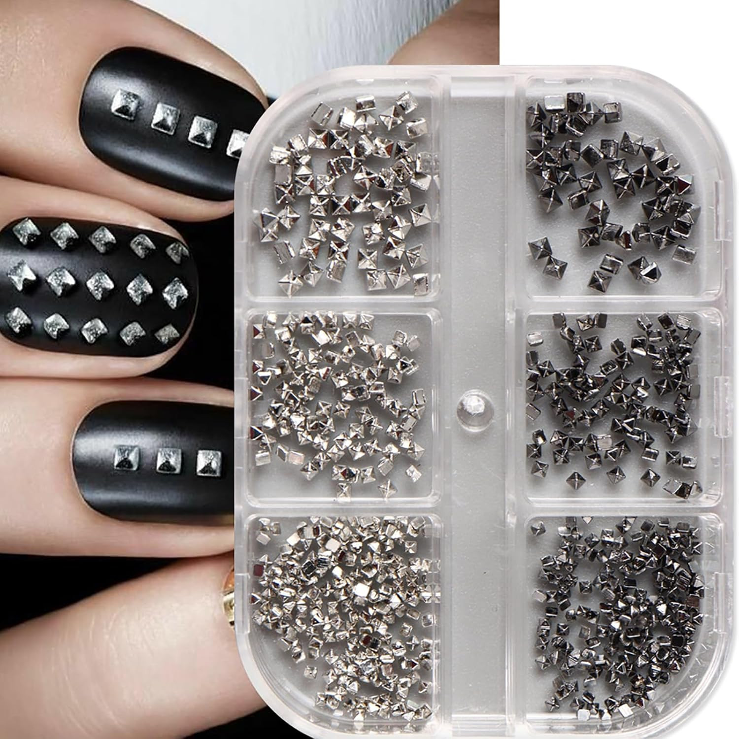 Square Spire Nail Charms, 3D Mini Metal Nail Art Studs Rivets, Black Silver Punk
