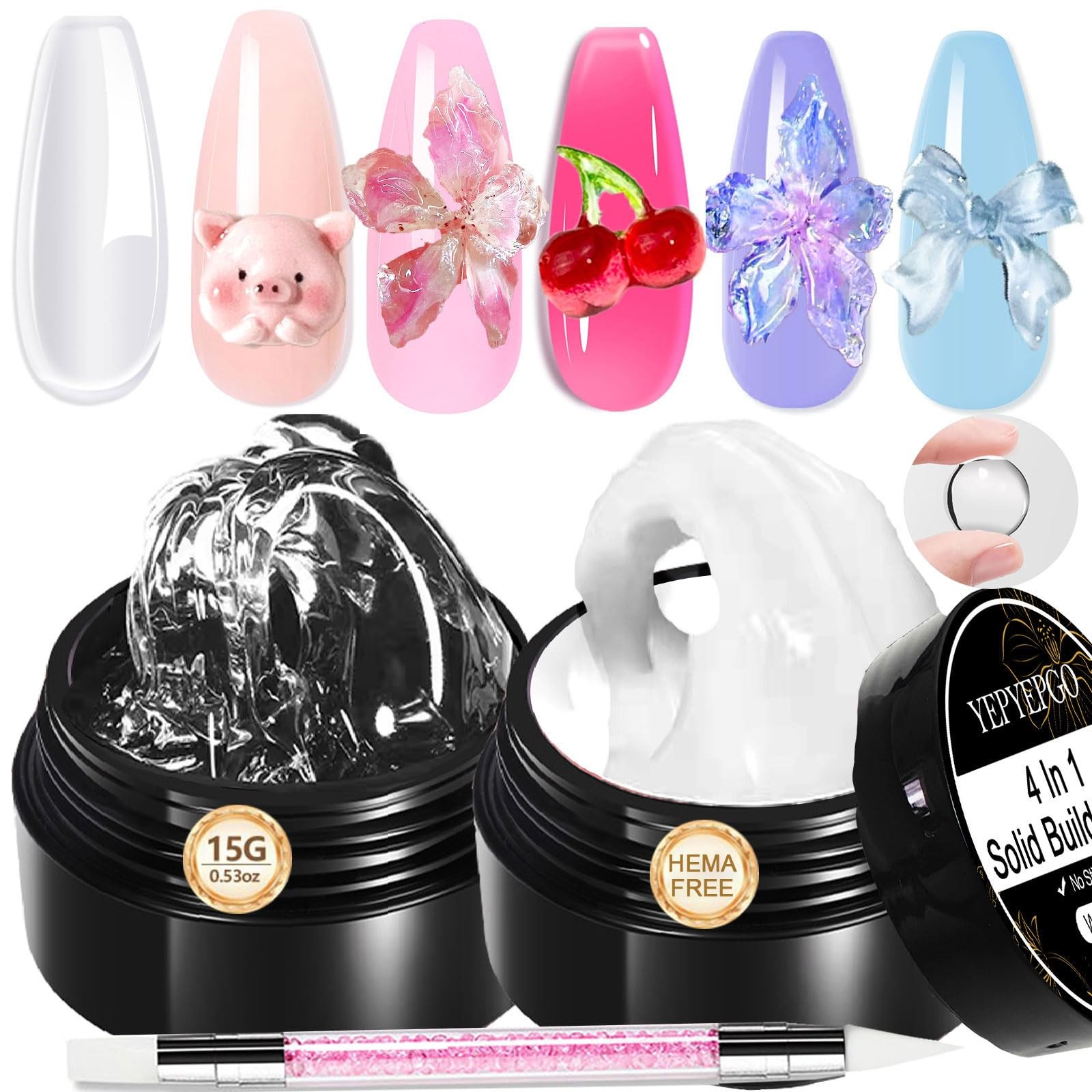 YEPYEPGO 3D Nail Art Gel Clear and White Solid 0.25 Fl Oz (Pack of 4), 2COLOR
