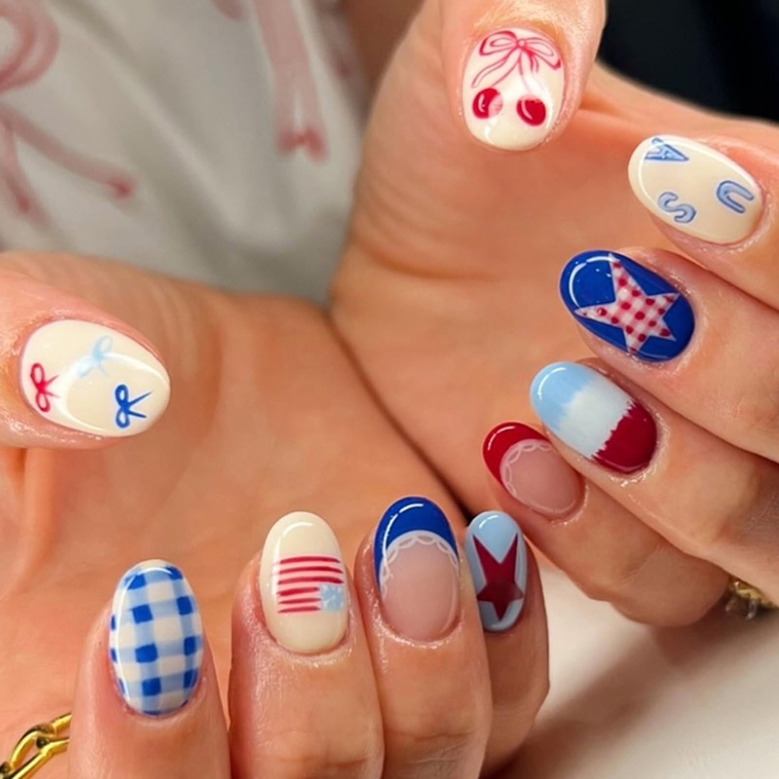 4th of July Press on Nails Medium Oval Fake with Medium, Style-33