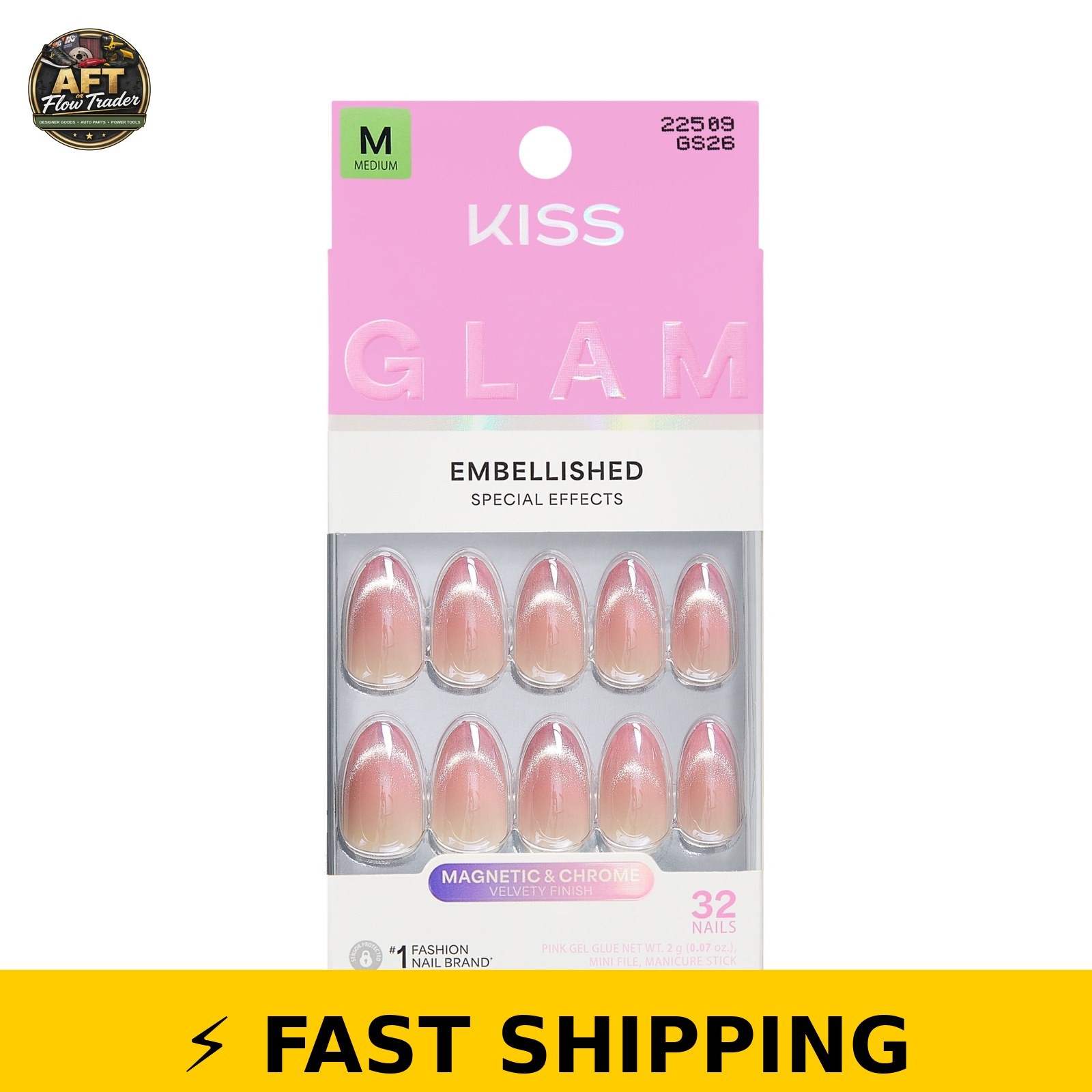 Kiss Glam Press On Nails Almond ‘Stardust Wonder’ Pink Medium 32 Count