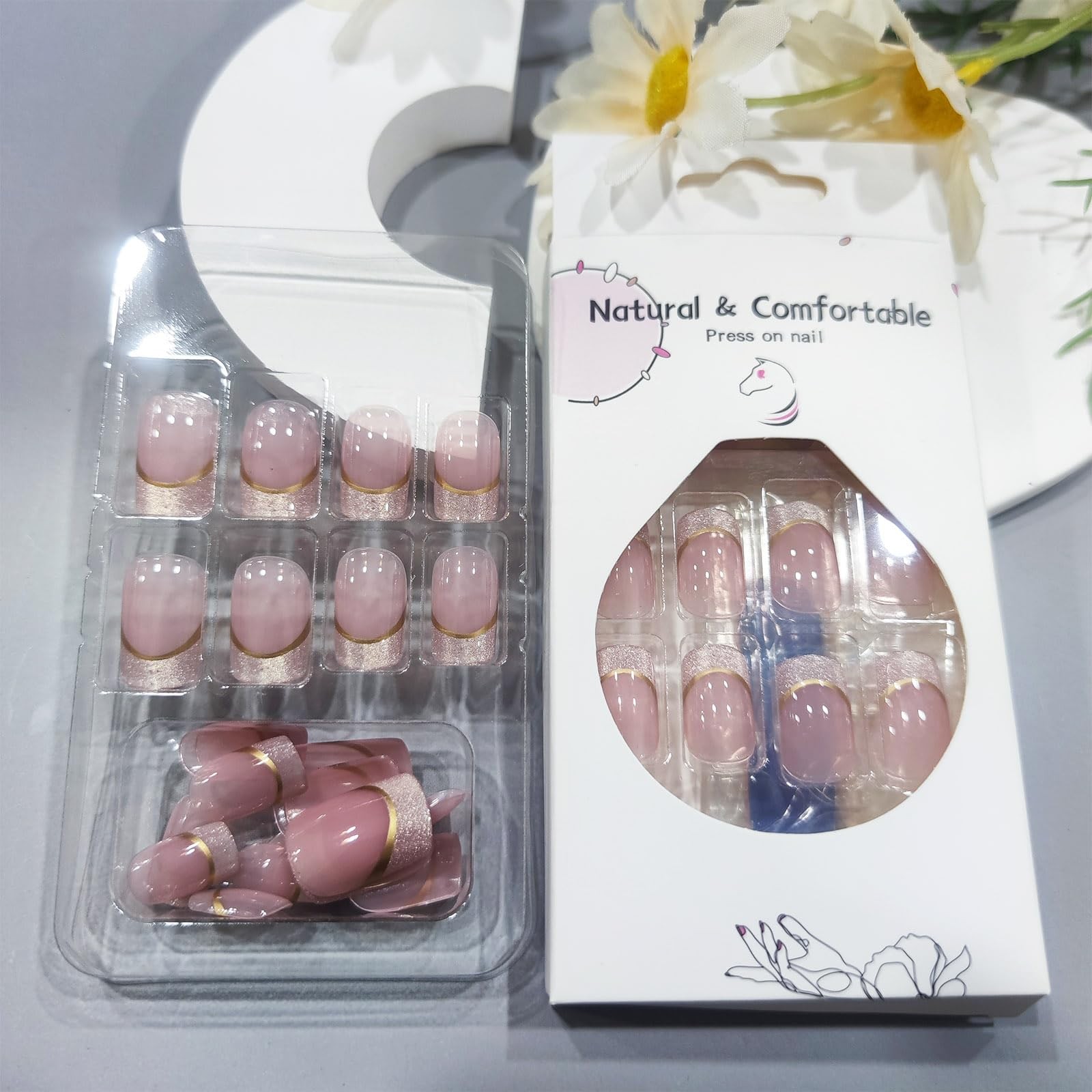 French Tips Press on Nails 24Pcs Glossy Gold Curve Line Short Square False Na…