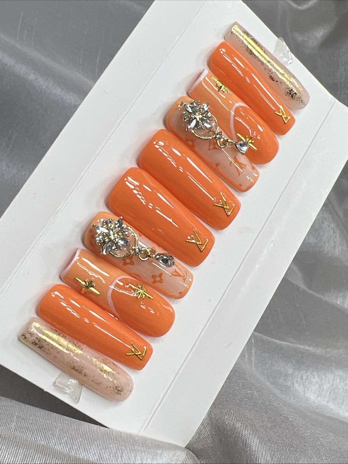 💎 CUSTOM Hard Gel Press On Nails, Orange NUDE , 10p FULL SET W Kit LONG SQUARE
