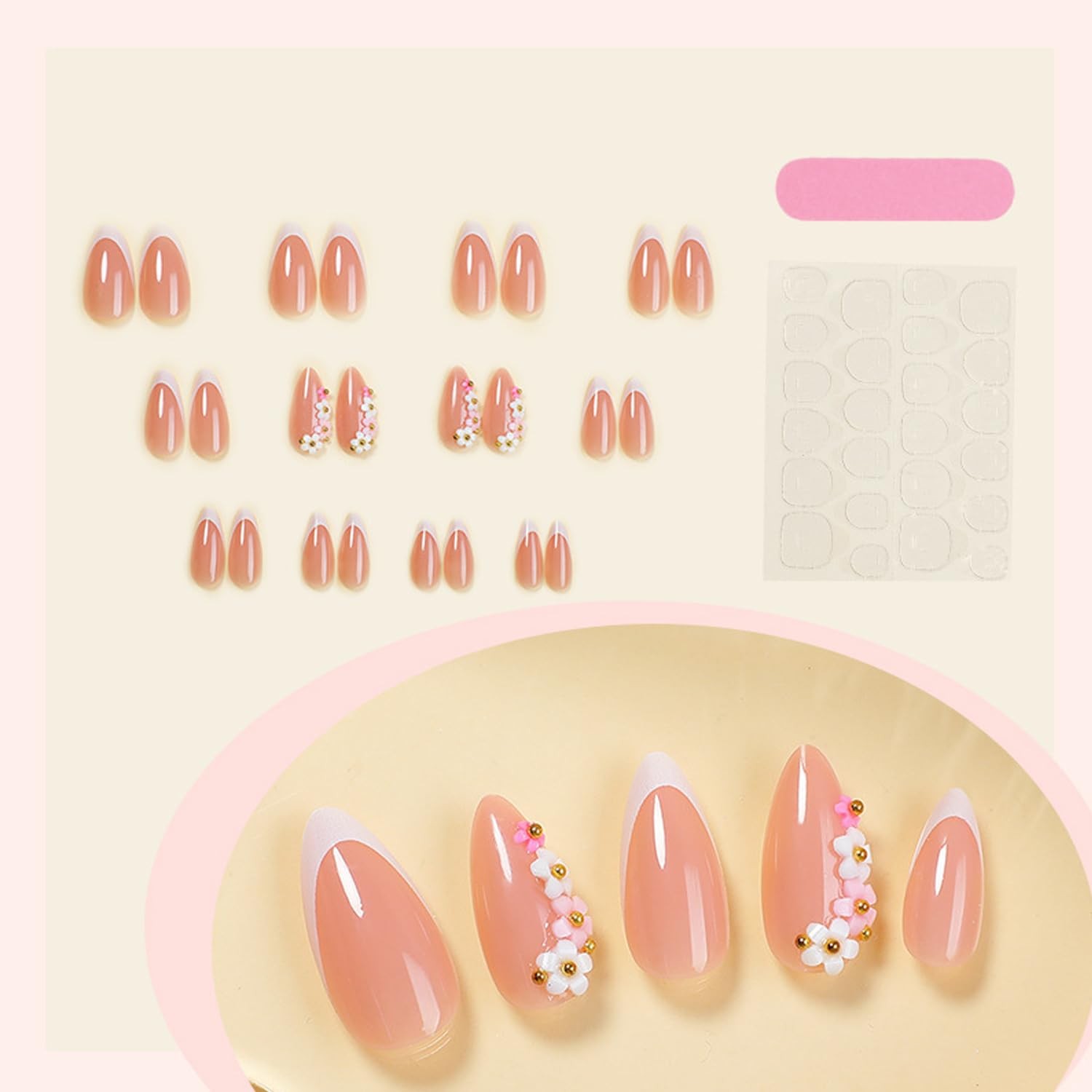 French Tip Press on Nails Short Fake Nails 3D Charms Flowers Designs False Na…