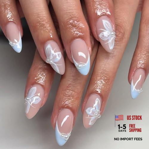 Nude Press on Nails Medium Almond Blue French Tips Fake Nails Press ons Styl 6