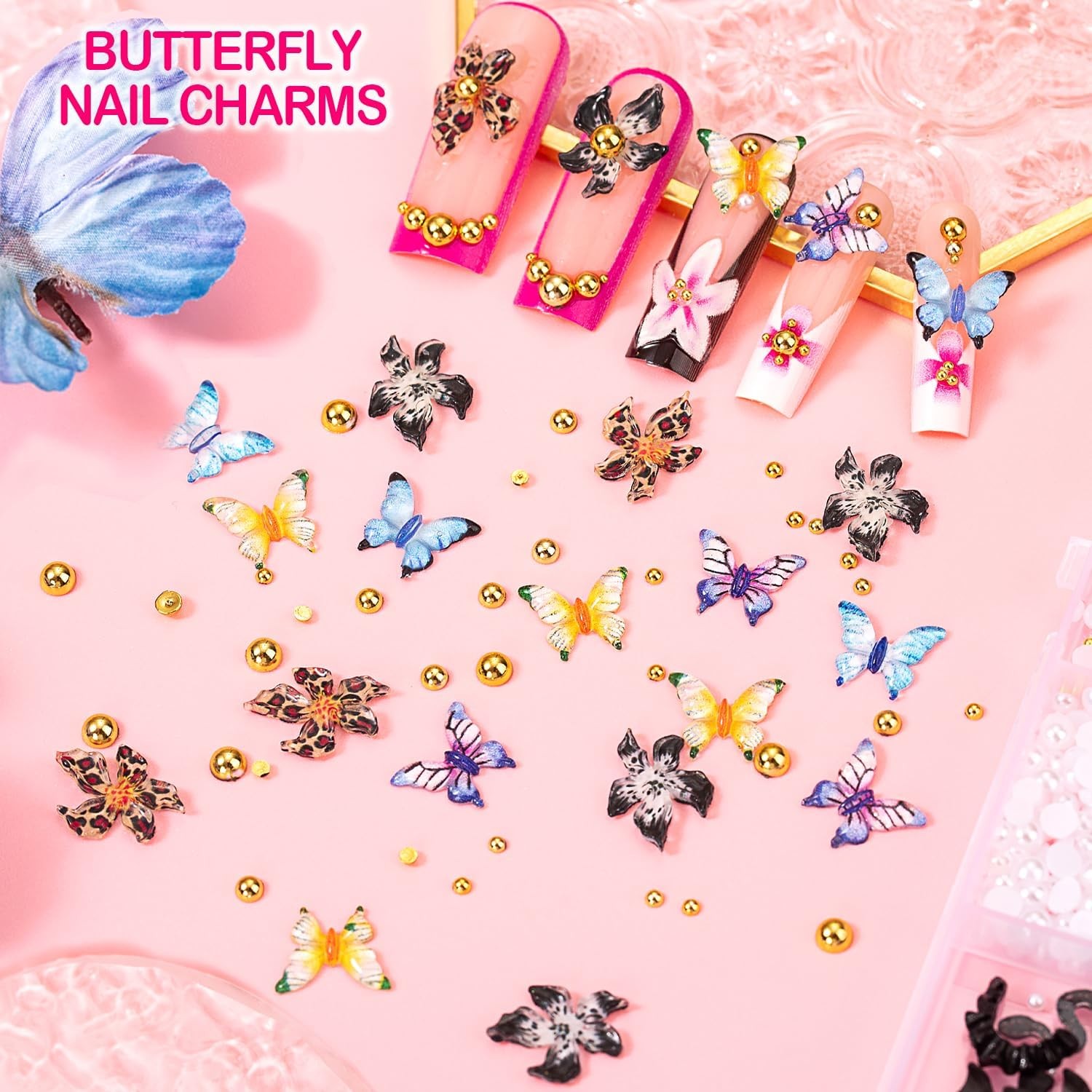 8000pcs 3D Nail Charms & Gems Y2K, Butterfly Bow Flower Nail Art