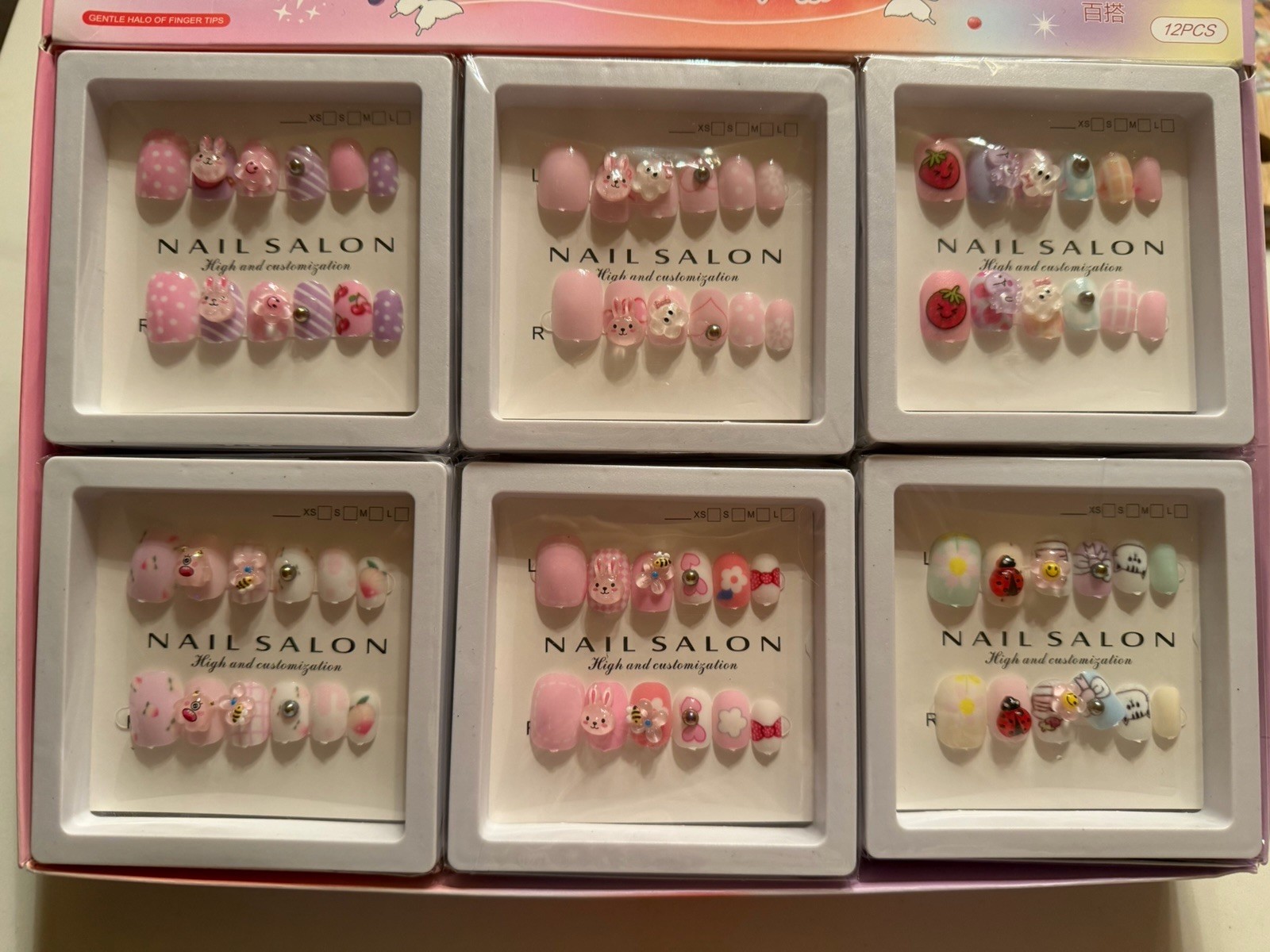 6 Boxes Kids Press On Nails 3D Cartoon False Nails Mixed Cute Designs Gift Set