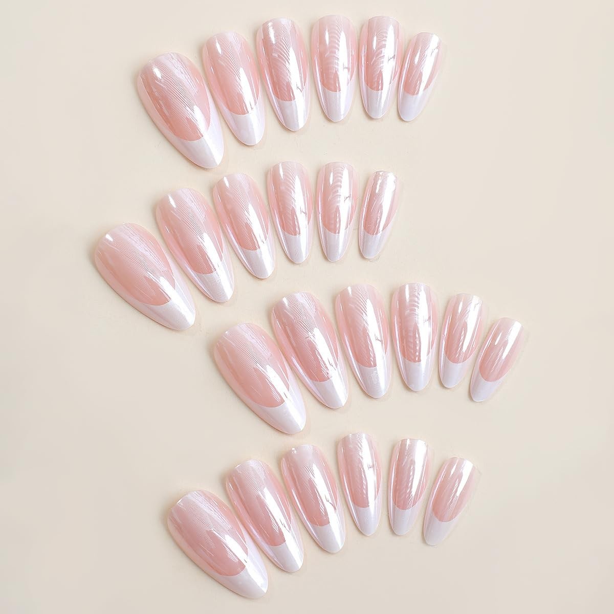 French Tip Press on Nails Almond Fake Nails Medium Chrome Stick on Nails