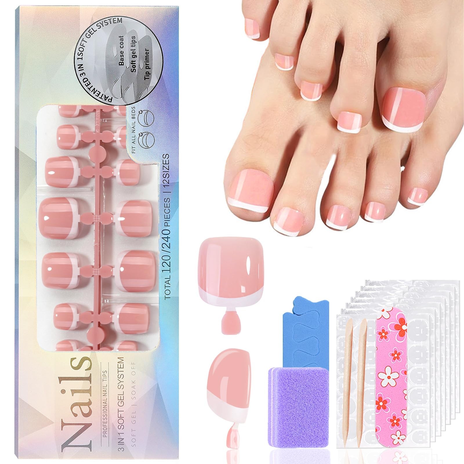 Press on Toenails French Tip Toe Nails 120Pcs Soft Gel X Toe Nail Tips Short Toe