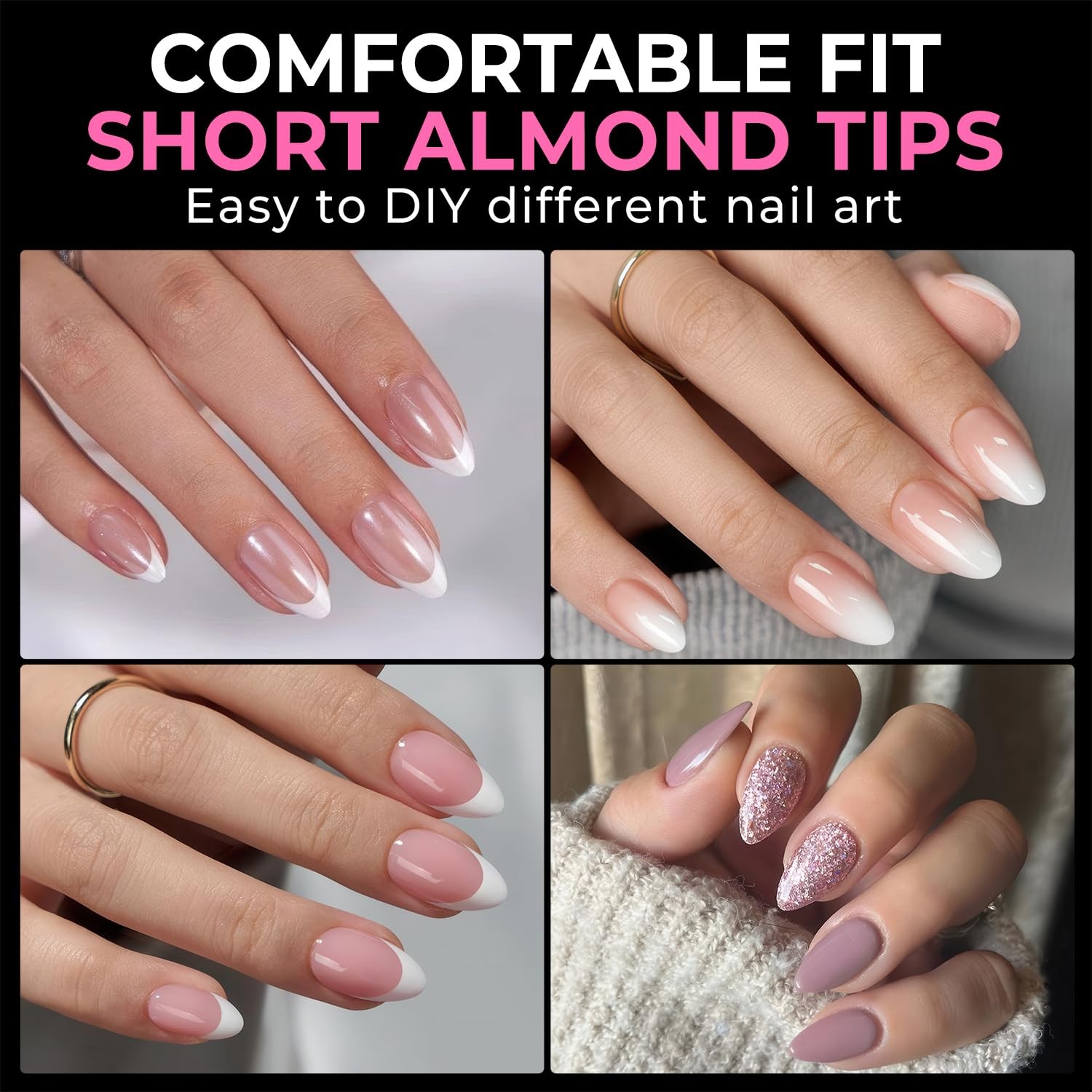 UNA GELLA Short Almond Fake Nails 216pcs Pre-shape Gel Acrylic Nail Tips for Ful