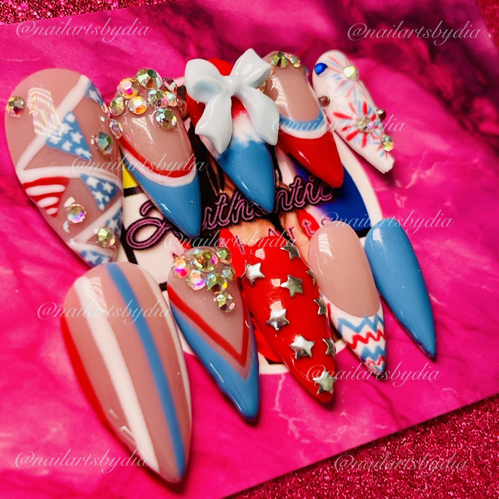 Authentic Nail Arts by Dia Stiletto Press-On Nails Long 3D Rhinestone Patriotic