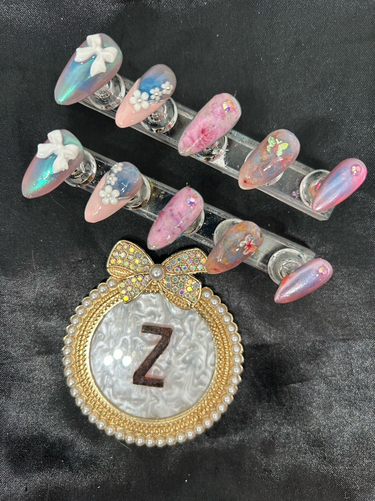 Z NAILZ! Handmade M Almond Pink Floral With Embellishing Press On Nails