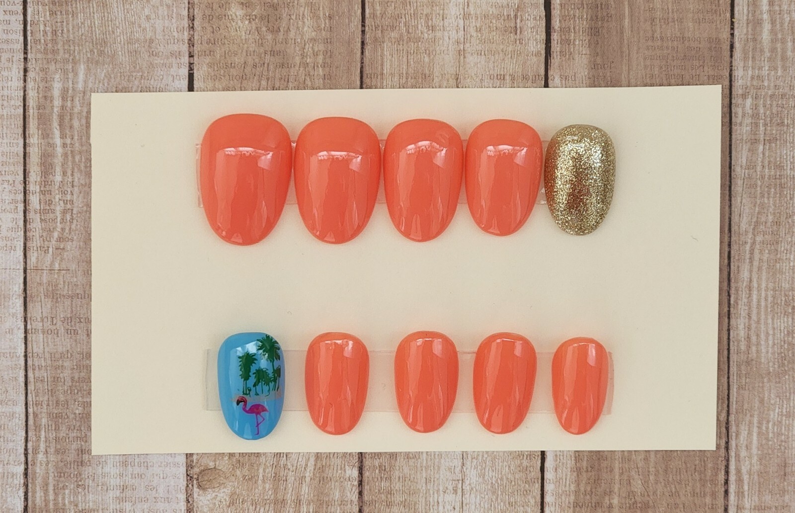 Custom Press On Handmade Gel Nails Coral Flamingo Accent Oval Short 20 Tips