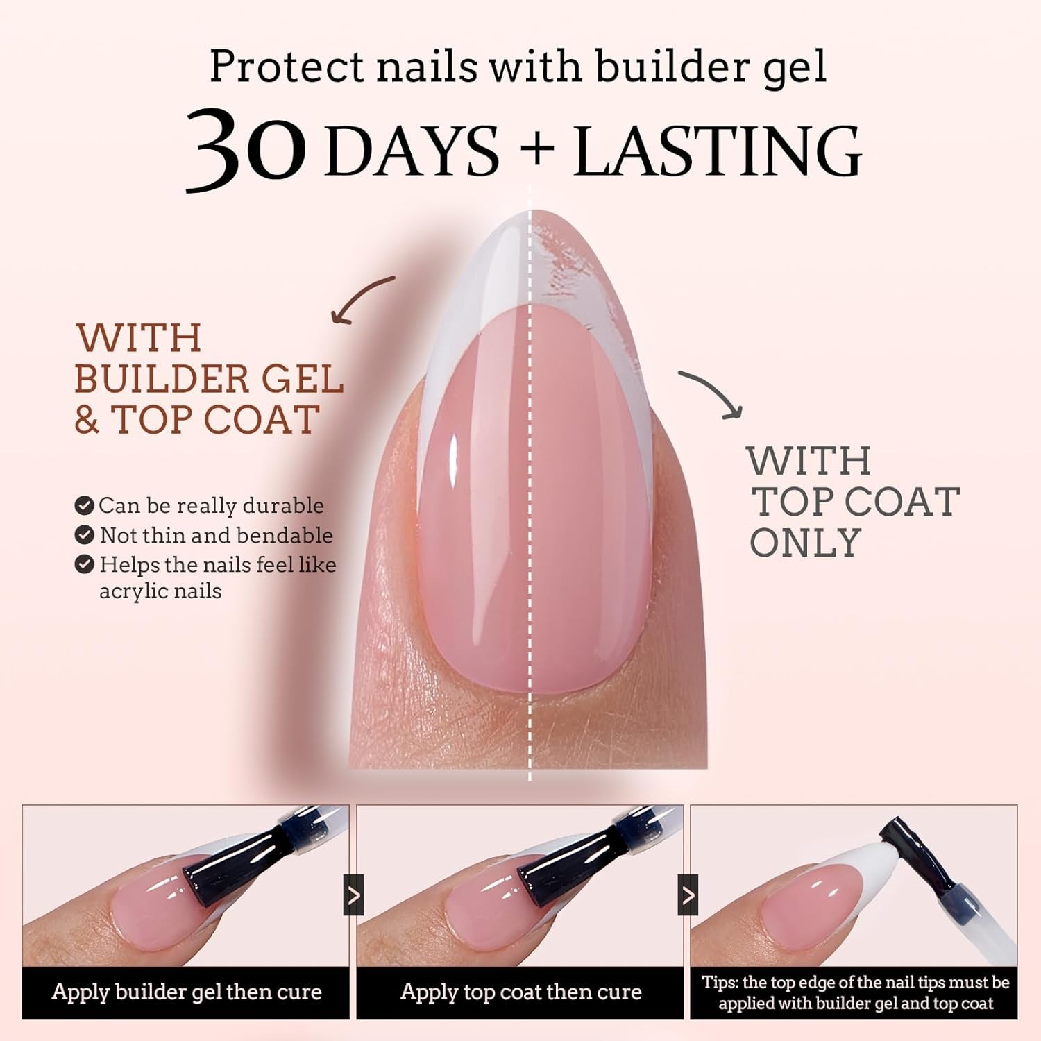 XCOATTIPS 160 Pink Square Soft Gel French Tip Nails with Primer & Base
