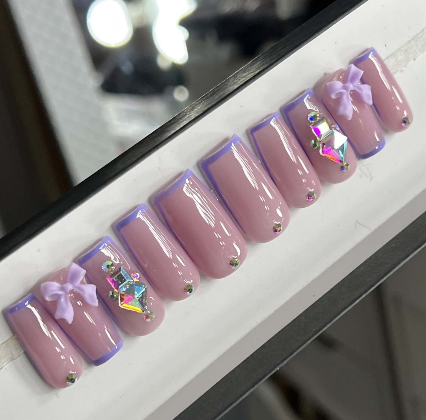 💜💎 CUSTOM Press On Nails FRENCH PURPLE BOW BLING Rhinestones 10p SET W Kit