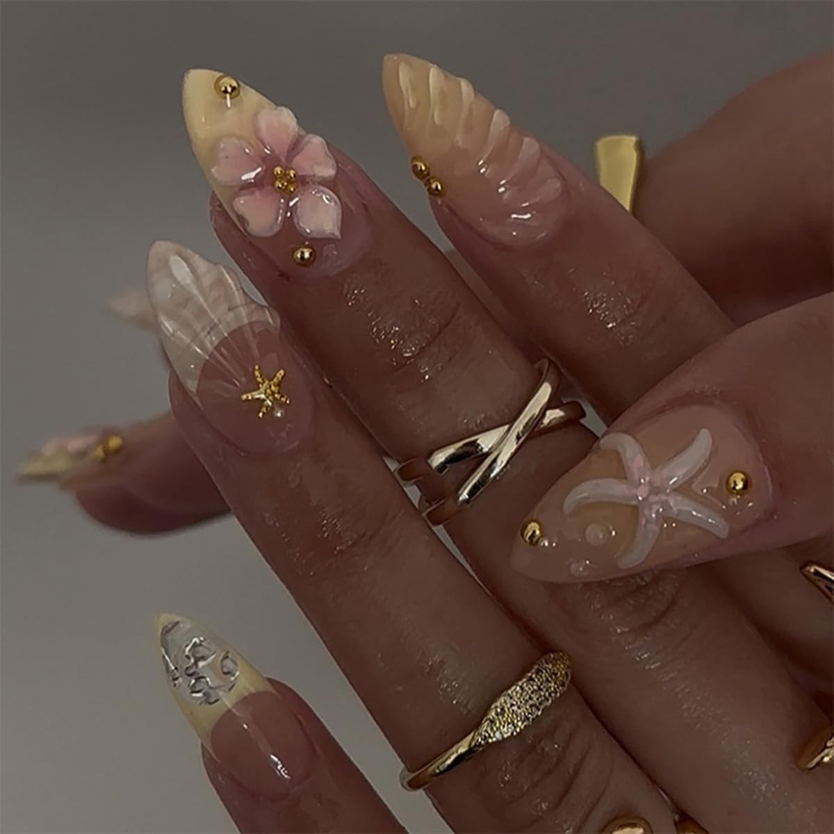 30 Pcs Press on Nails Short Almond Nail Tips,Summer Fake Nails Press ons Yell…