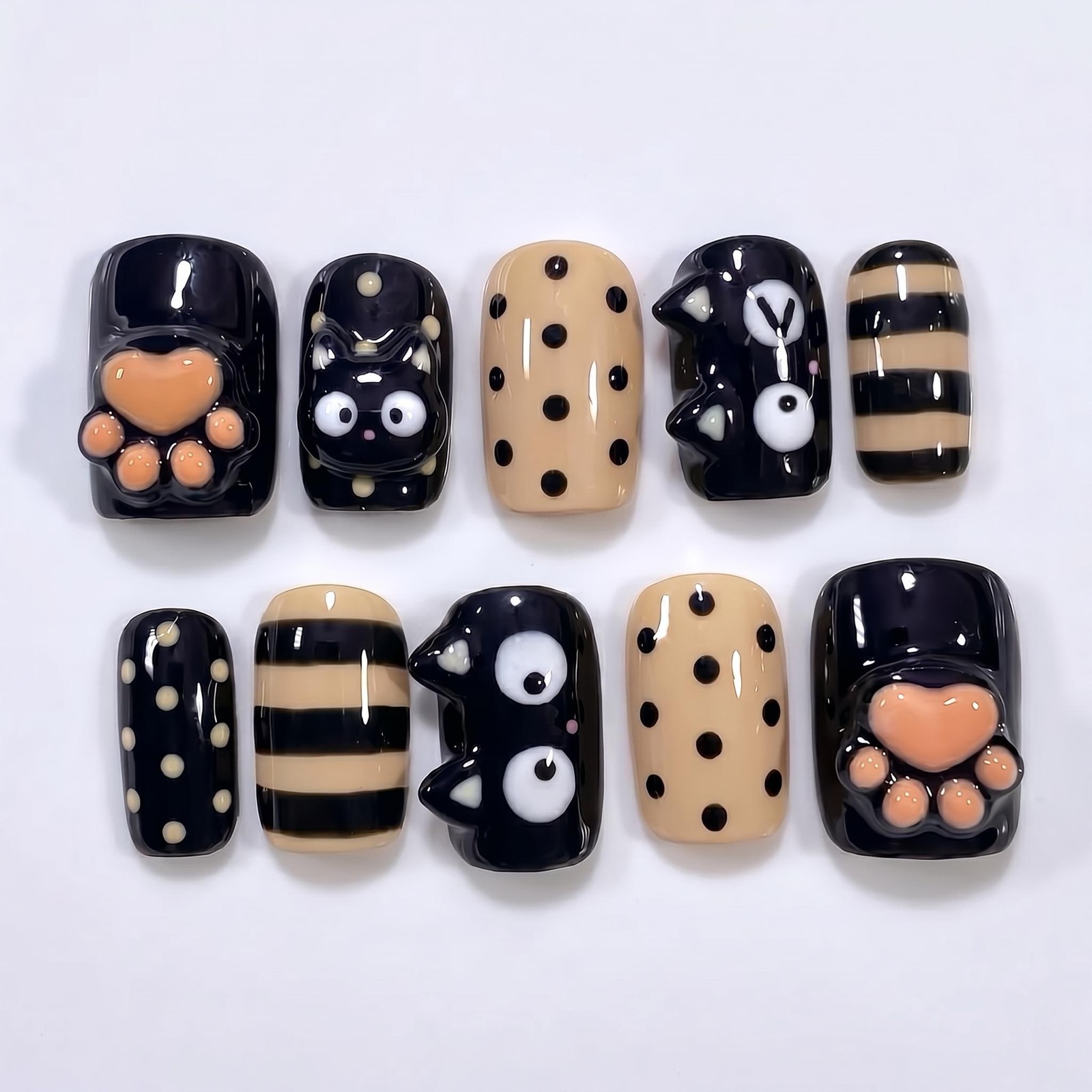 Handmade Custom 3D Black Cat Paw Polka Dot Stripe Square Press on Nails