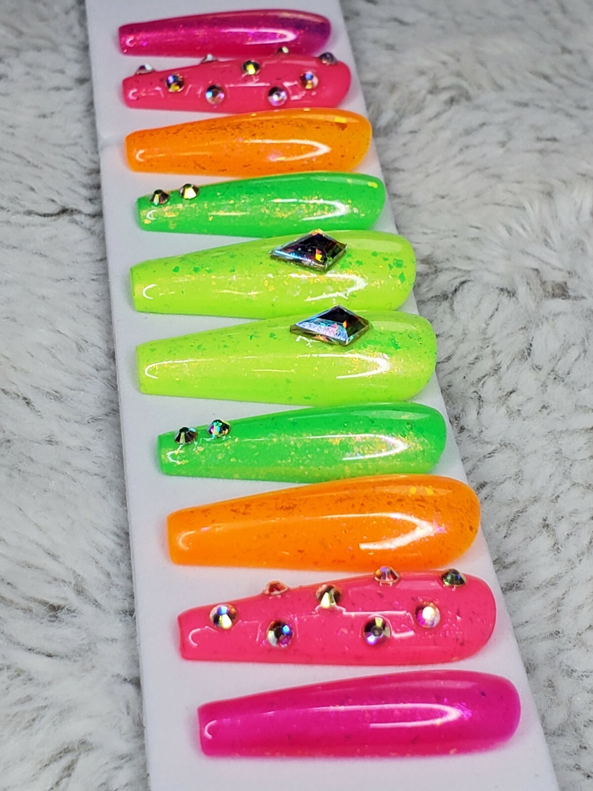 Bright neon rainbow studded crystal nails press on nails bling diamond ballerina