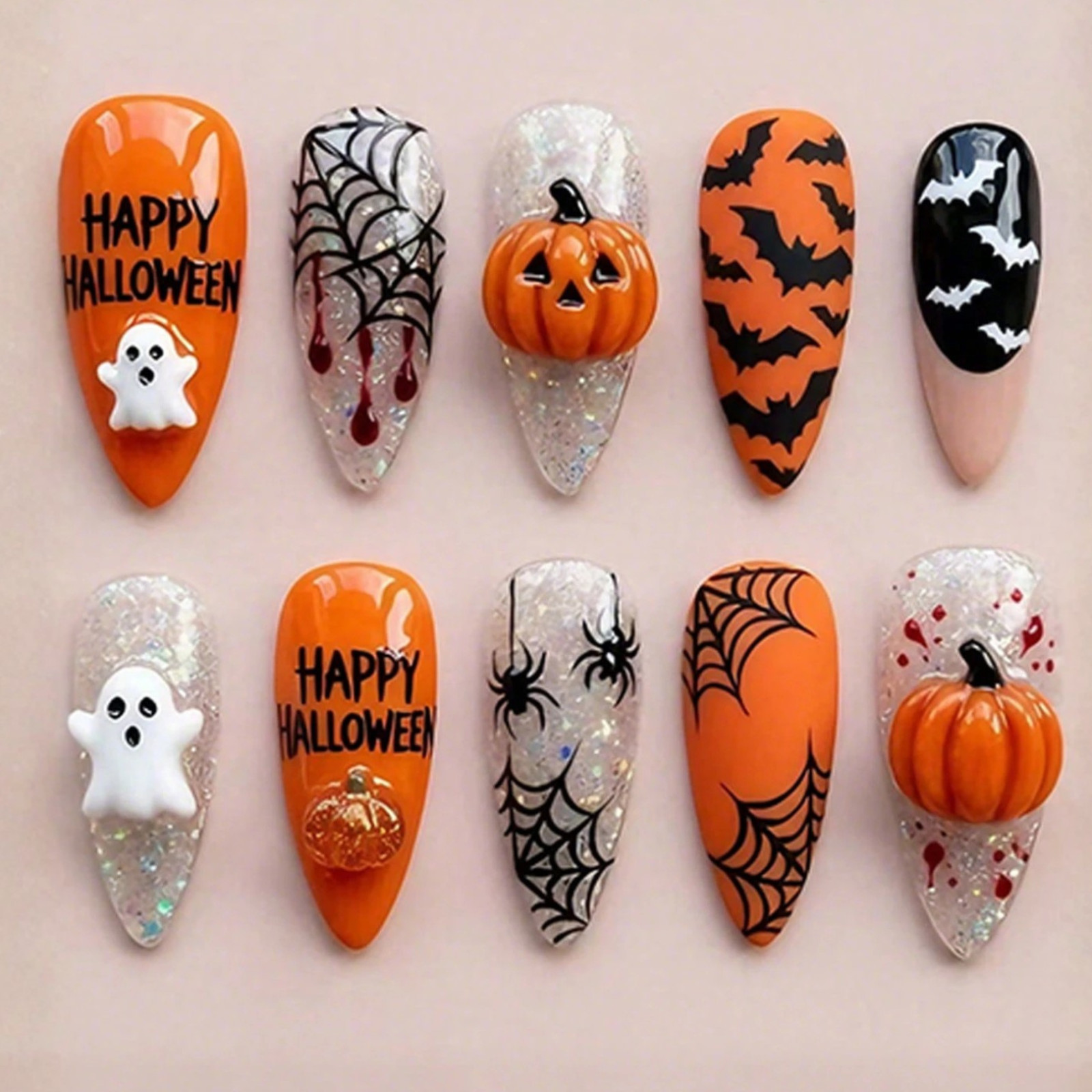 10pcs Halloween Press On Nails For Women & Girls 3D Nail Extenders Haloween Gift