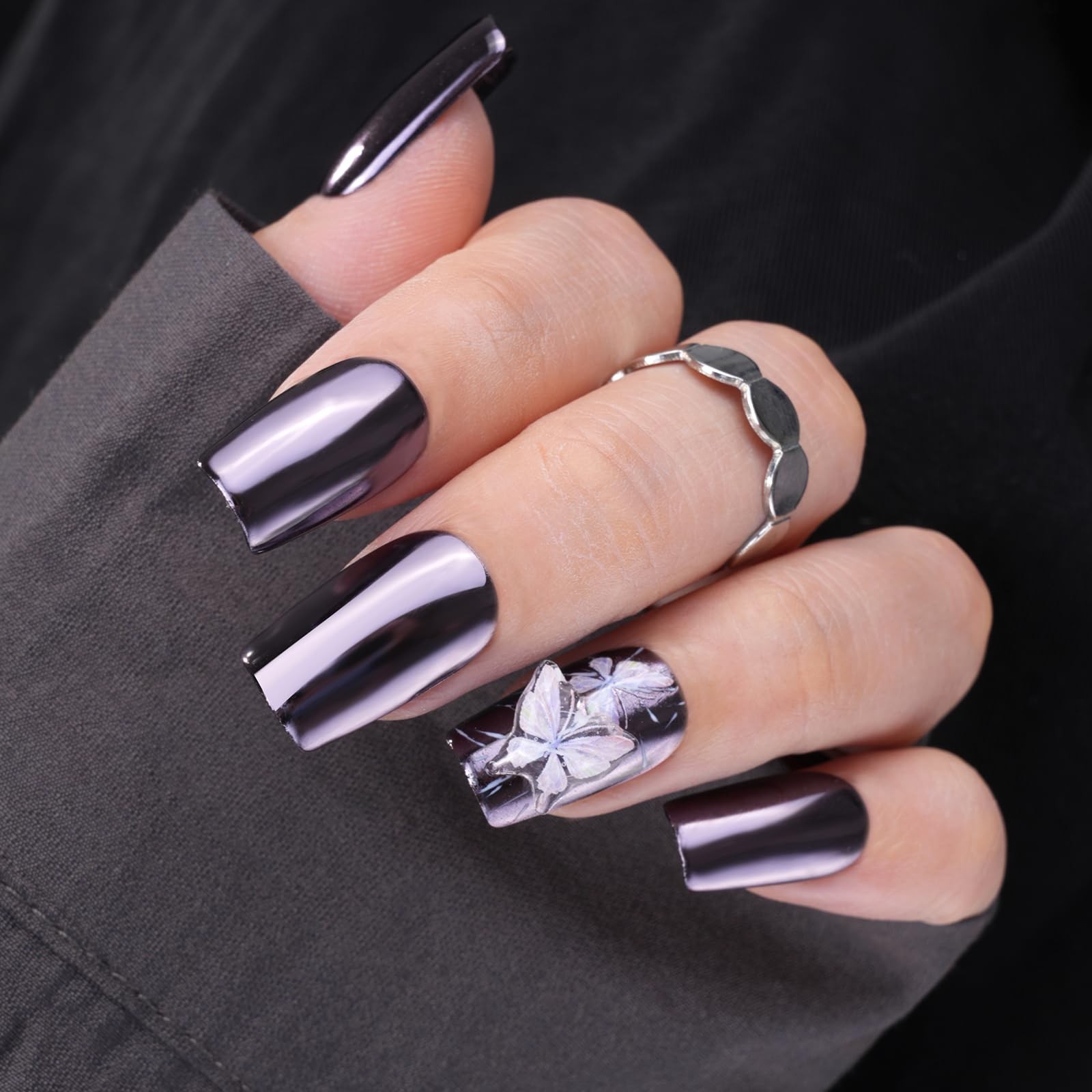Chrome Nail Powder – Silvery Black Mirror Effect Chrome Nail Powder, Premium …