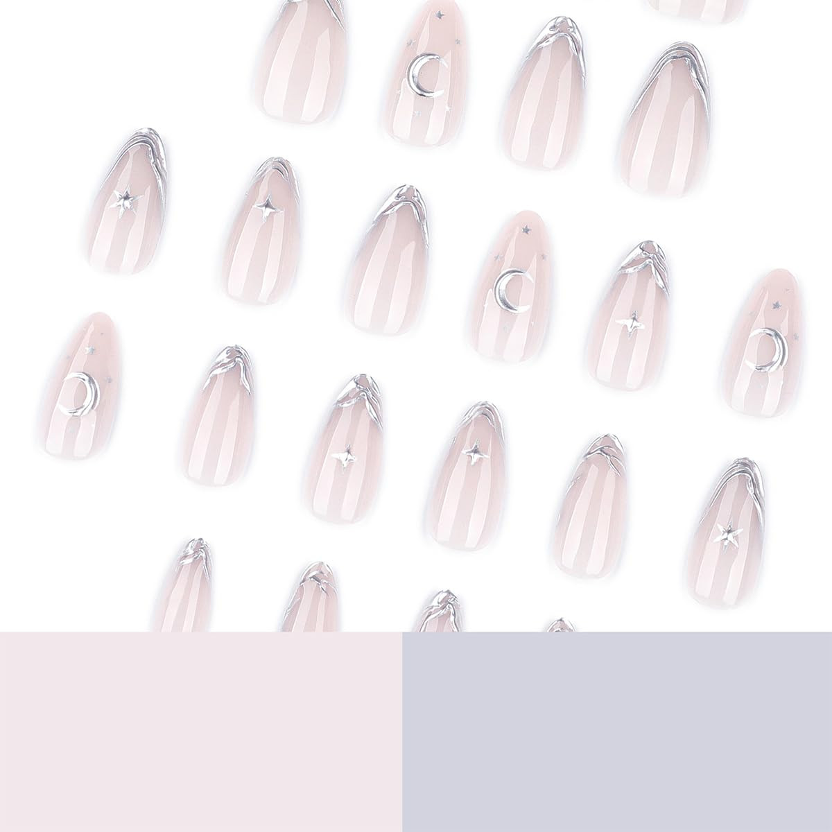 French Tip Press on Nails Almond Medium Fake Nails with 3D Silver Star Moon Desi