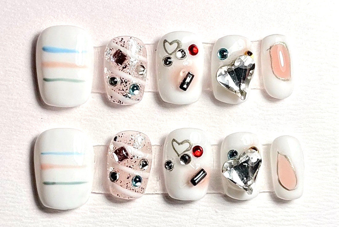 3D White & Pastel Mixed Press-On Nails / Handmade 10 pcs/ True Salon-Quality