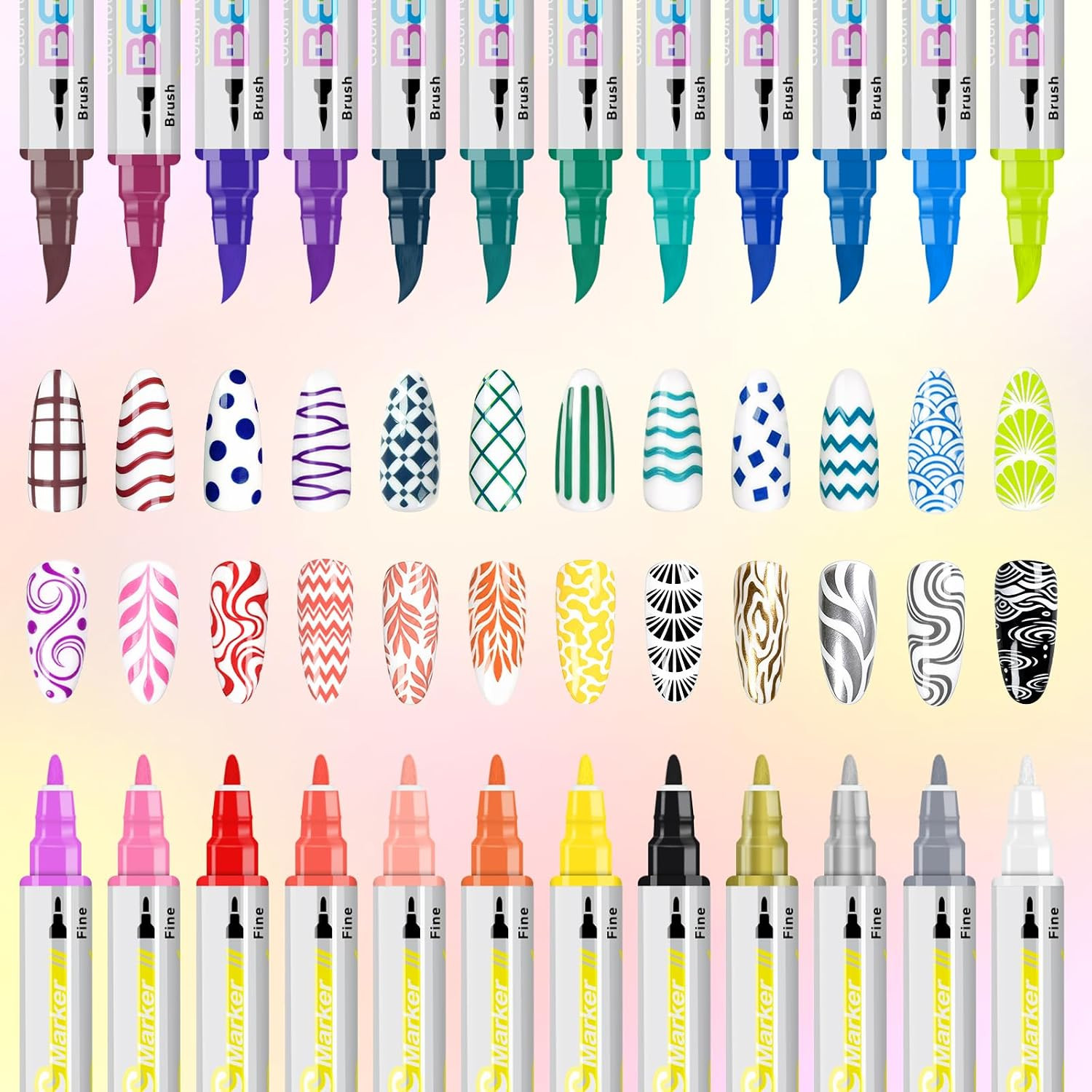 Betem Nail Art Pens Set, Dual Tip 24 Colors Nails Art Markers Non-Toxic, Quick-d