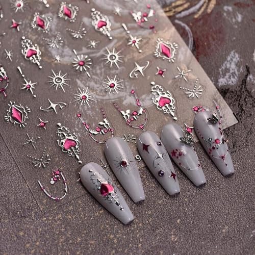 Silver Star Nail Stickers 3D Self-Adhesive Hot Pink Heart Nail Color 029