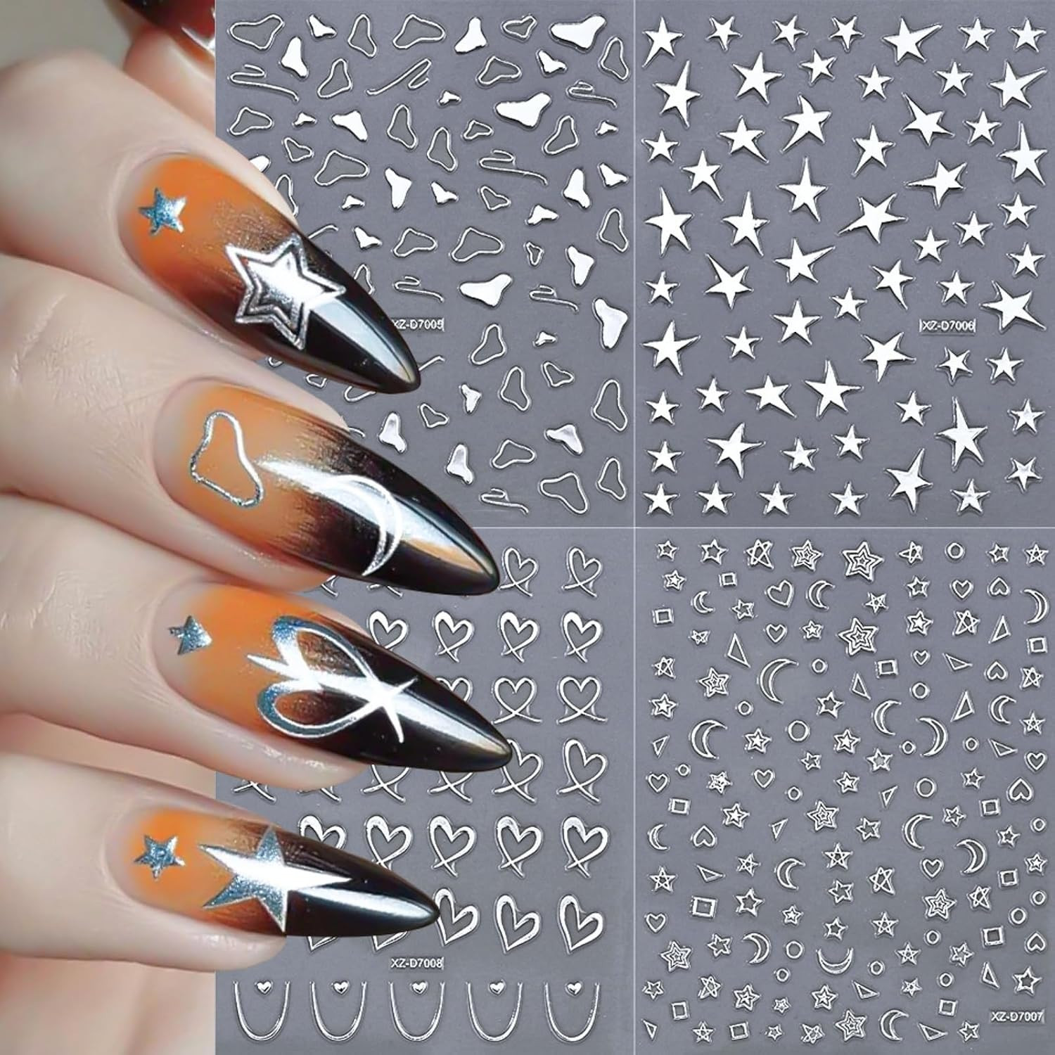 12 Sheets Silver Nail Art Stickers, 3D Self-Adhesive Bronzing Sun Moon Stars Bow